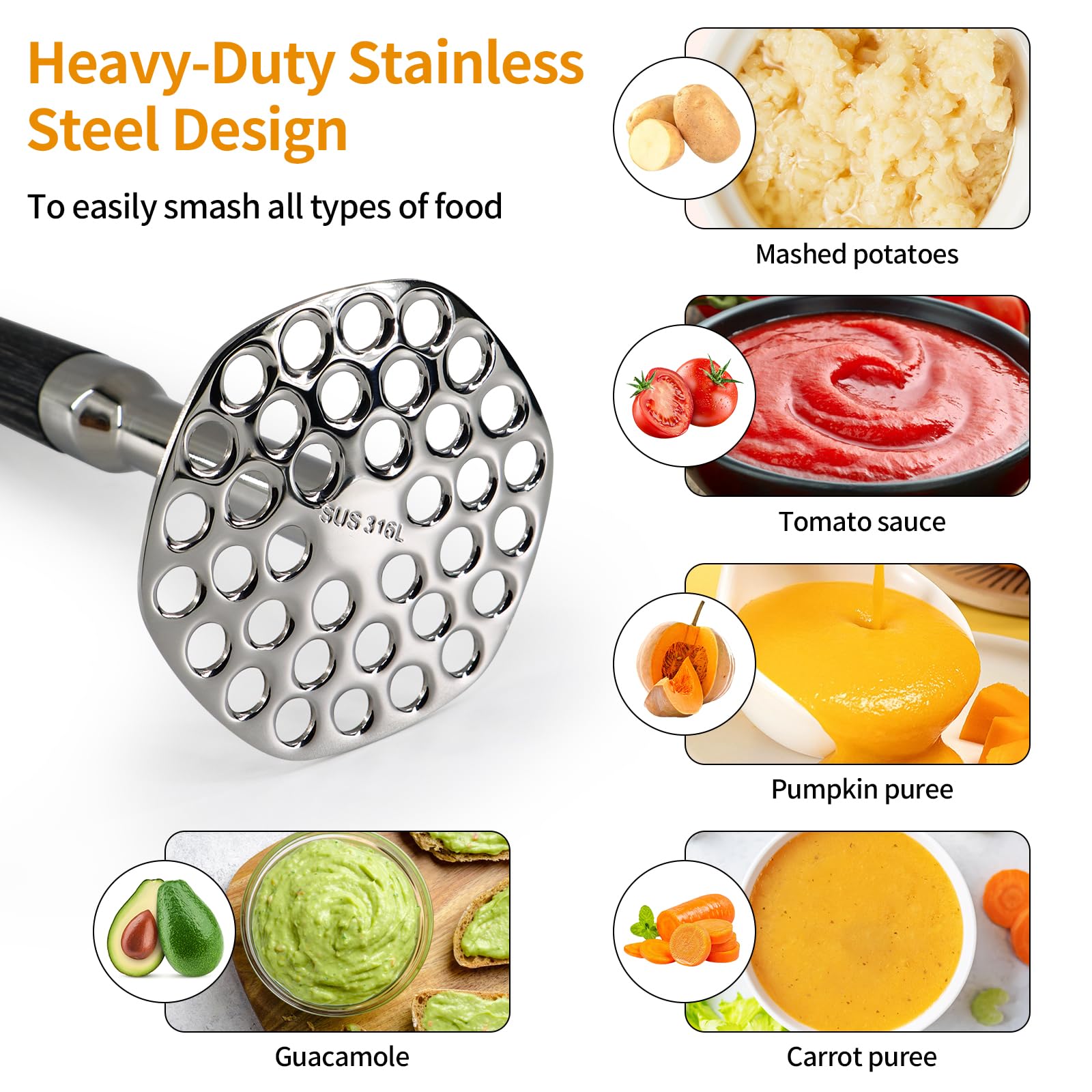 Premium 316 Stainless Steel Potato Masher - Heavy Duty Kitchen Tool for Mashing Potatoes, Tomatoes, Avocados, Beans & Vegetables - Short Handle (20cm) - Perfect for Home Cooking, Meal Prep & Restaurant Use