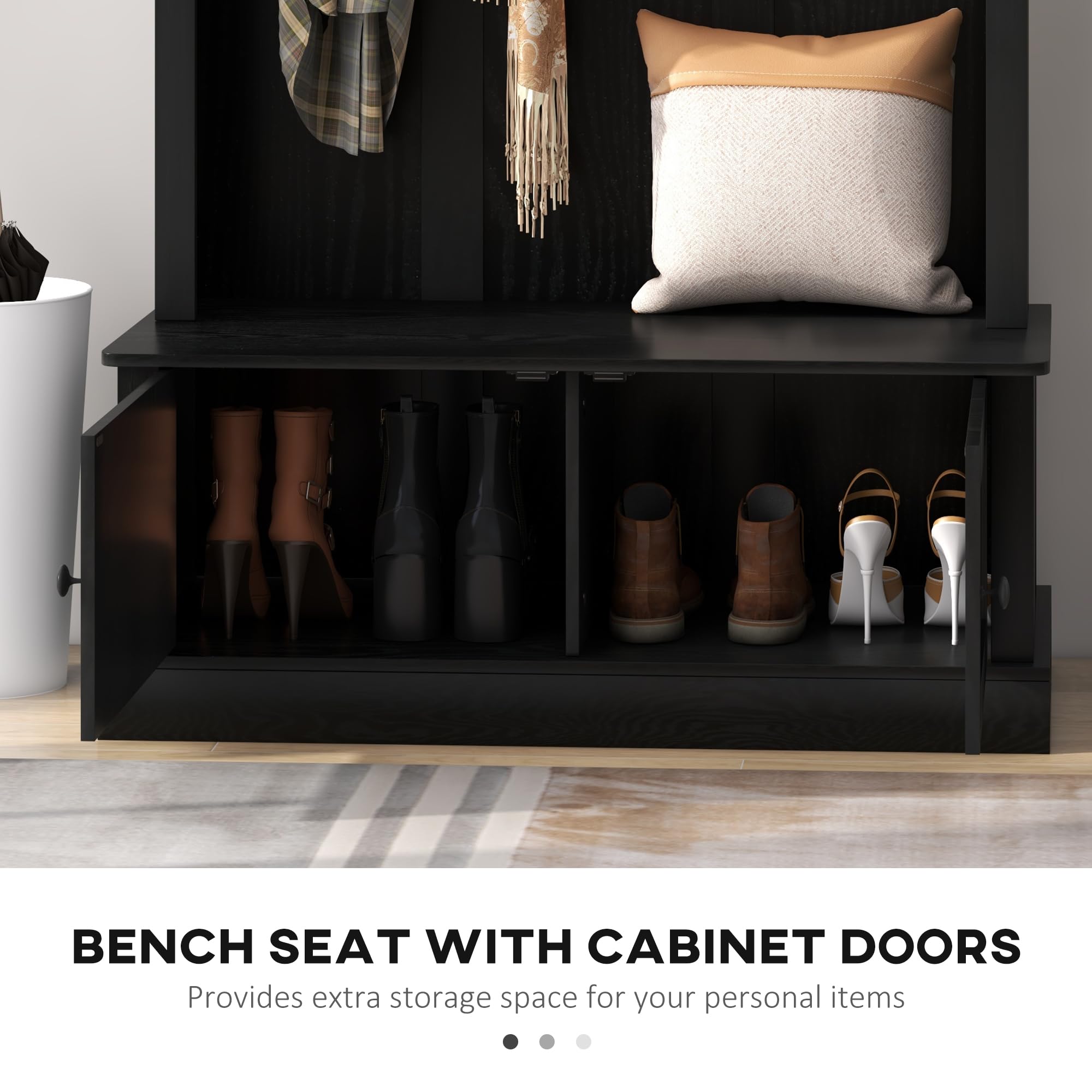 HOMCOM Entryway Bench with Storage & Hooks - Hall Tree Coat Rack, Shoe Storage Cabinet & Shelf - Sturdy Mudroom Bench for Hallway, Living Room & Entryway Organization - Black