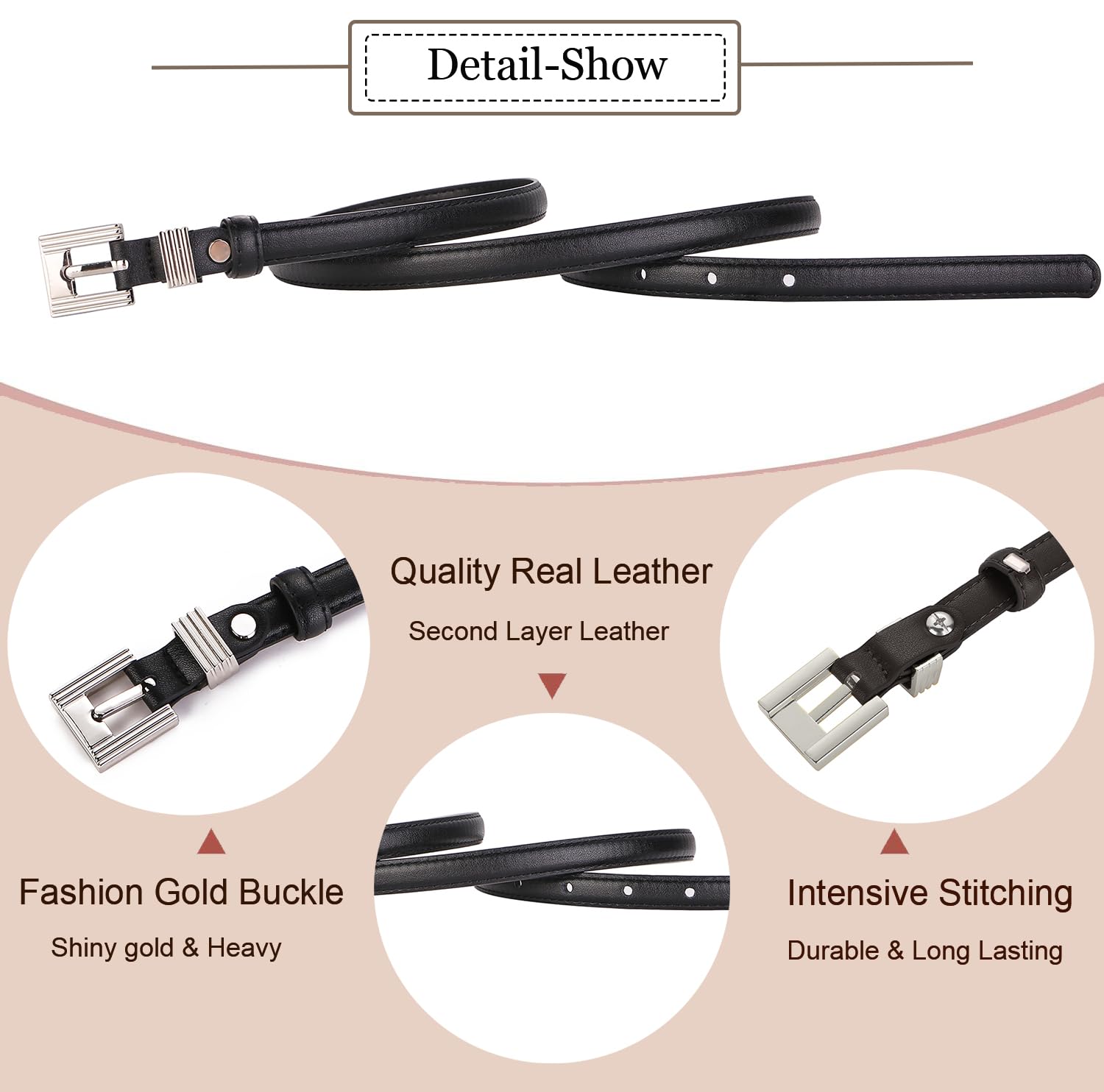 ALAIX Women's Skinny Leather Belt - Thin Black Leather Belt with Gold/Silver Buckle for Jeans, Pants & Dresses | Stylish Waist Accessory for Casual & Formal Outfits