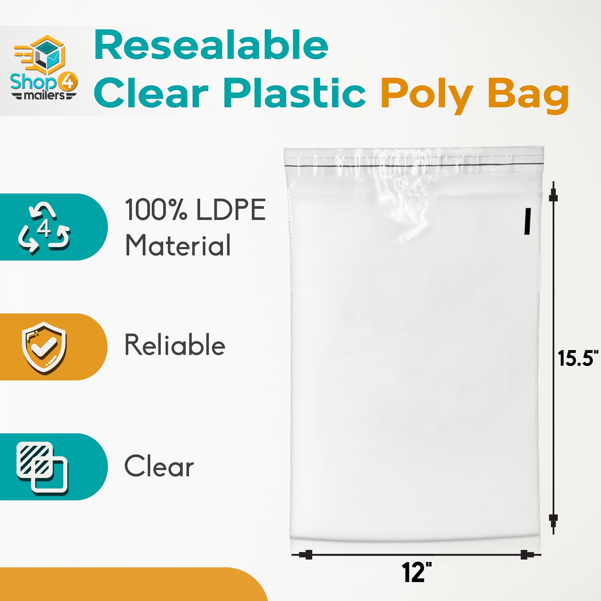 Shop4Mailers 12x15.5 Inch Clear Plastic Poly Bags - 1.5 Mil Thick Self-Seal Packaging for Clothing, Jewelry, Documents, Photos & Gift Storage - Resealable Polyethylene Bags (Pack of 2000) | Perfect for Retail, Shipping & Home Organization