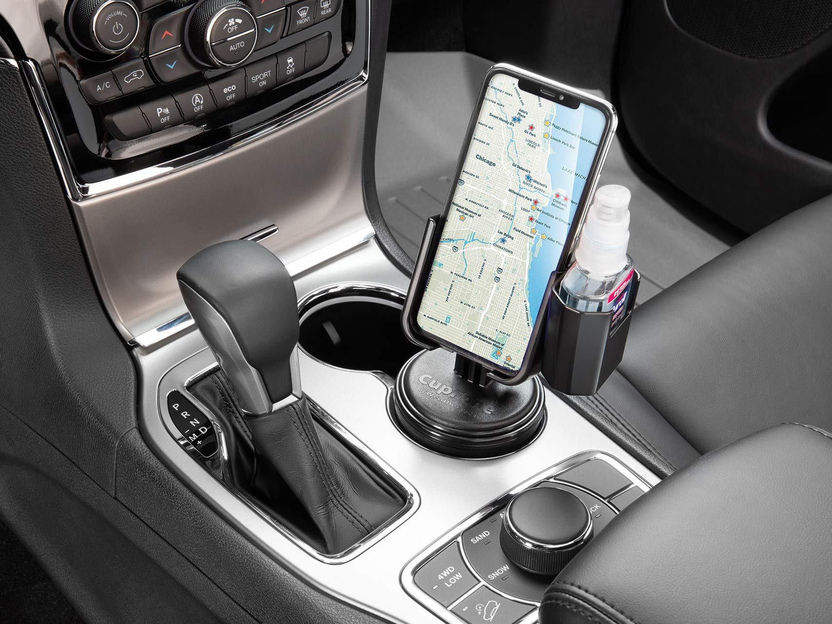 WeatherTech CupFone with Hand Sanitizer Holder - Adjustable Universal Cup Holder Phone Mount for Car & Truck - Compatible with iPhone & Android Smartphones - Graphite Metal Knobs - Perfect for Road Trips, Commuting & Hands-Free Driving