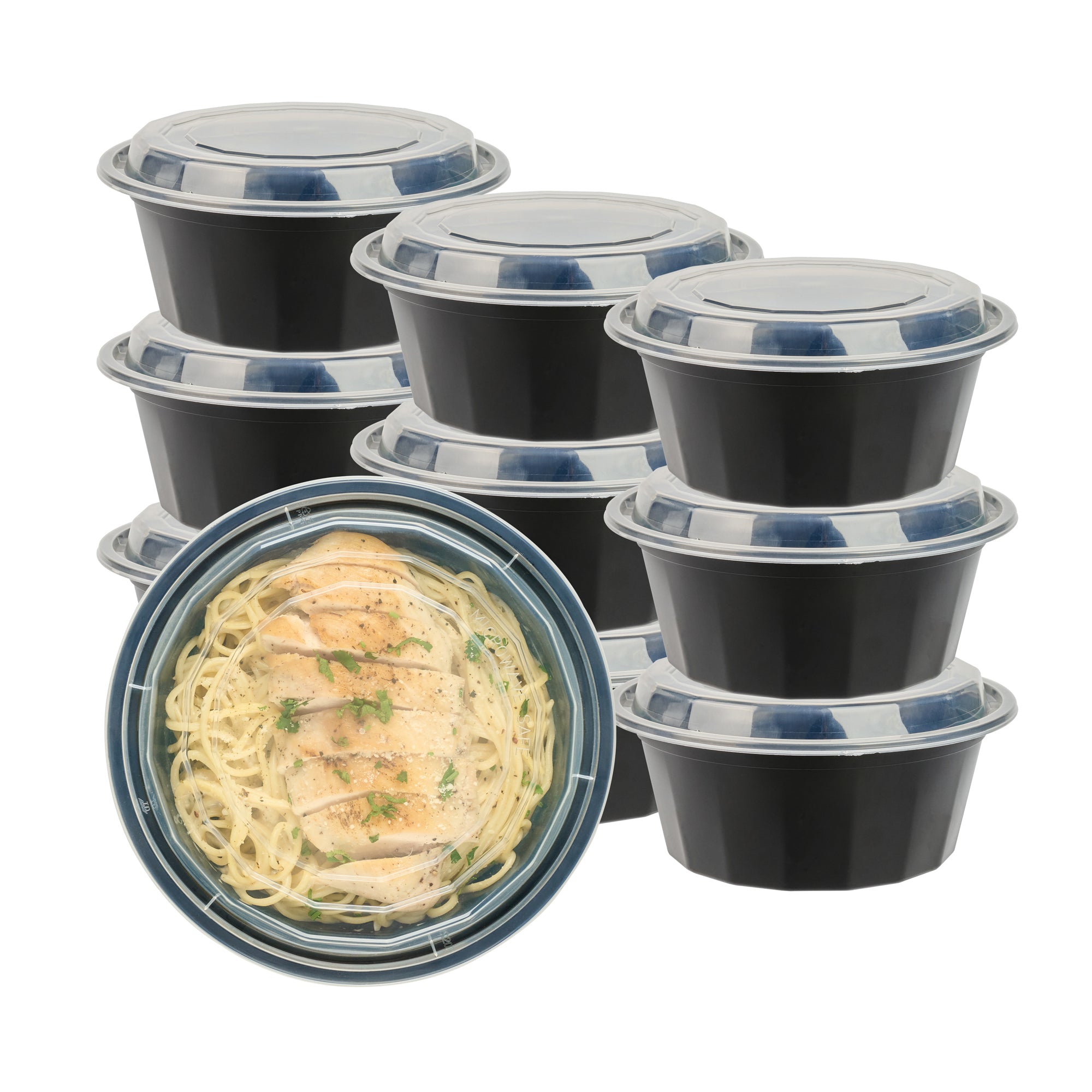 32 oz Round Black Plastic Food Storage Containers with Clear Lids - Microwave Safe, 7.25
