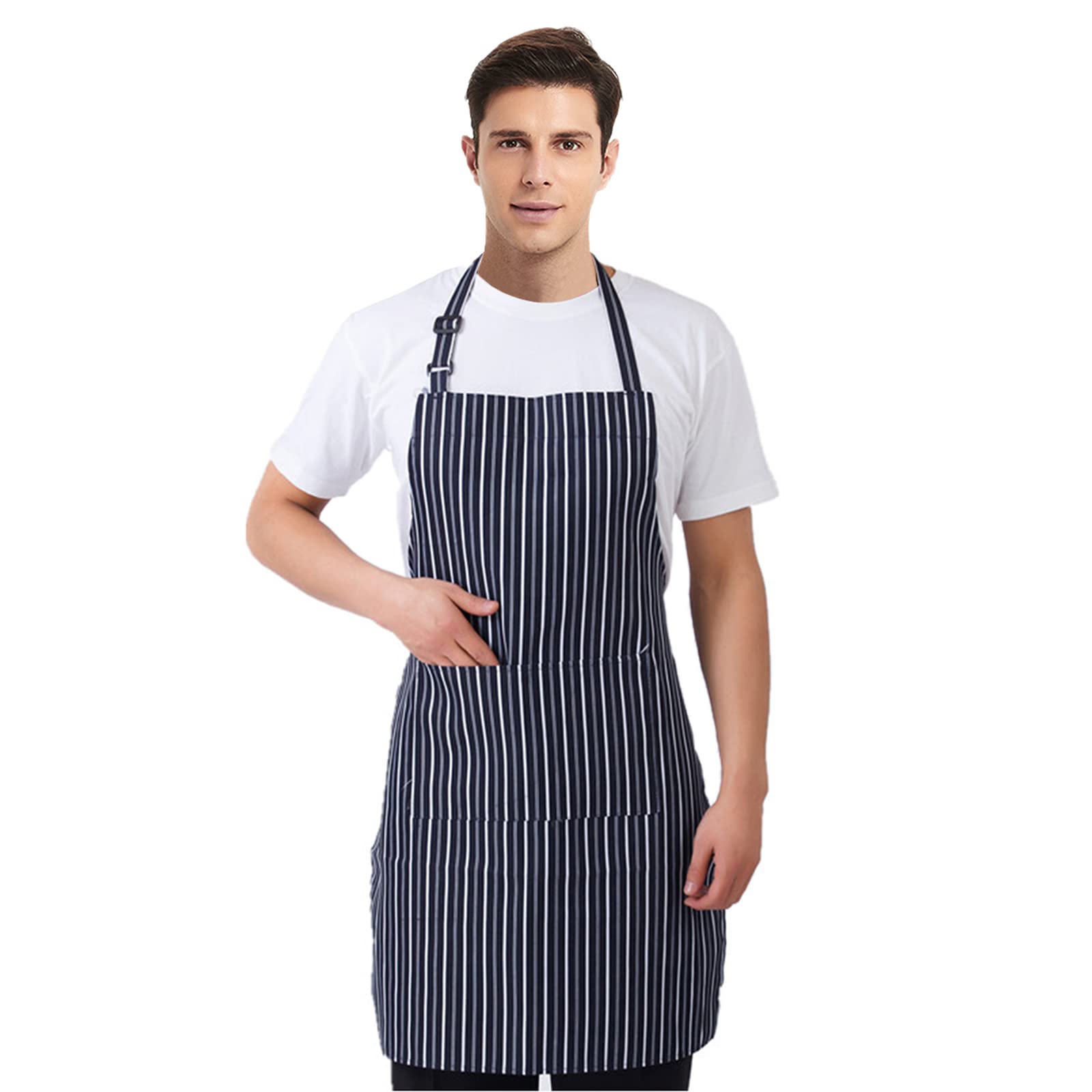TOPTIE Adjustable Chalk Stripe Bib Apron with Two Pockets - Blue & White - Perfect for Cooking, Baking, BBQ, and DIY Projects
