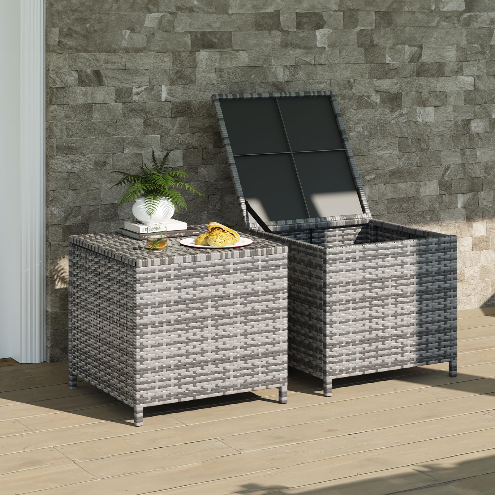 UDPATIO 2-Piece Outdoor Wicker Side Table Set with Storage - Rattan End Tables & Resin Square Container Coffee Tables for Patio, Backyard, Pool - Perfect for Furniture Covers, Toys, Gardening Tools (Grey) - Ideal for Outdoor Entertaining, Relaxation & Storage Solutions
