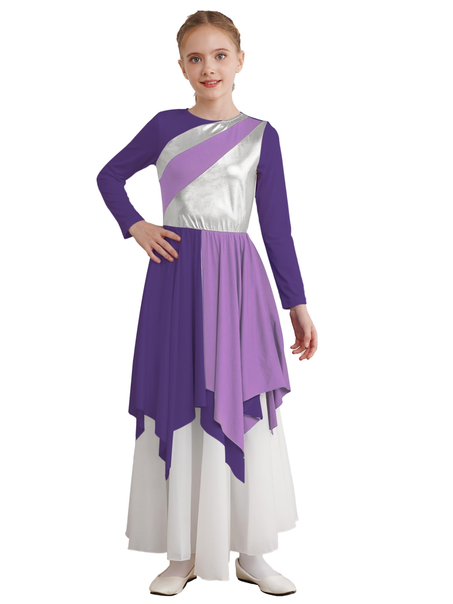 Girls Long Sleeve Metallic Praise Dance Dress - Liturgical Worship Costume with Asymmetrical Design for Church Performances & Religious Ceremonies