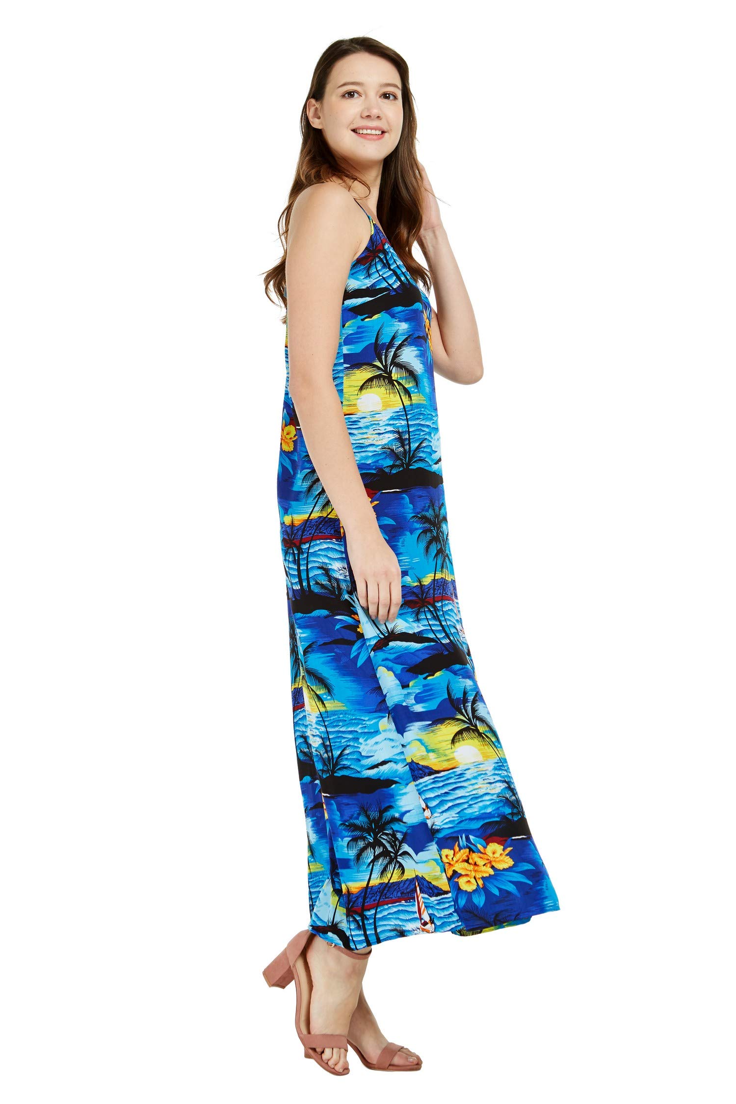 Women's Hawaiian Luau Sunset Blue Maxi Sweetheart Dress - Floral Summer Beach Dress for Tropical Vacation, Pool Party & Island Getaway