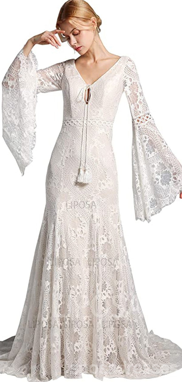 Elegant Long Sleeve V-Neck Lace Wedding Dress - Affordable Bridal Gown WD730 for Church, Beach & Outdoor Ceremonies