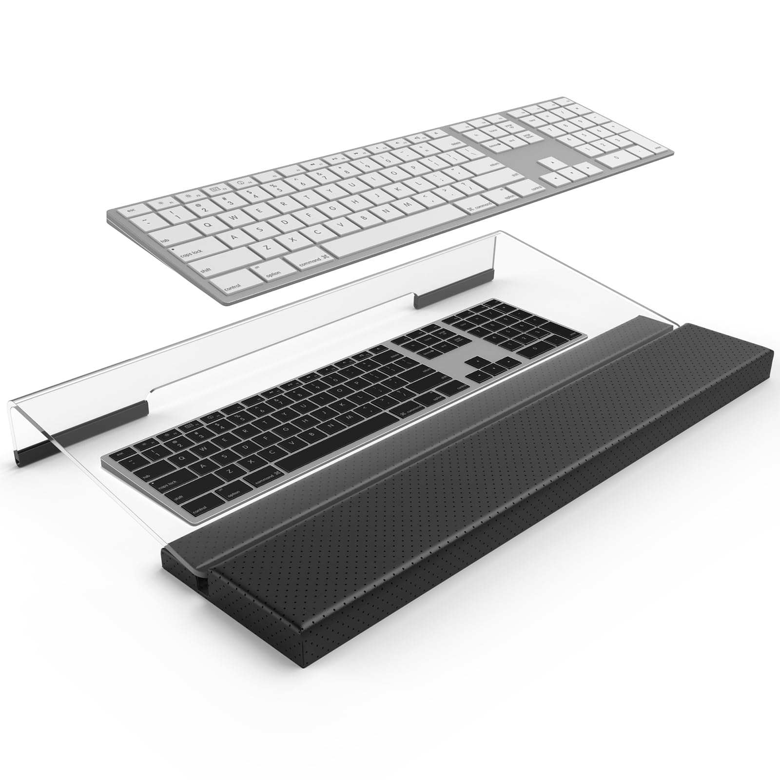 Ergonomic Acrylic Keyboard Stand with PU Leather Wrist Rest & Storage - Adjustable Tilted Riser for All Keyboard Sizes - Clear Desk Organizer for Office & Home - Perfect for Typing Comfort and Workspace Organization