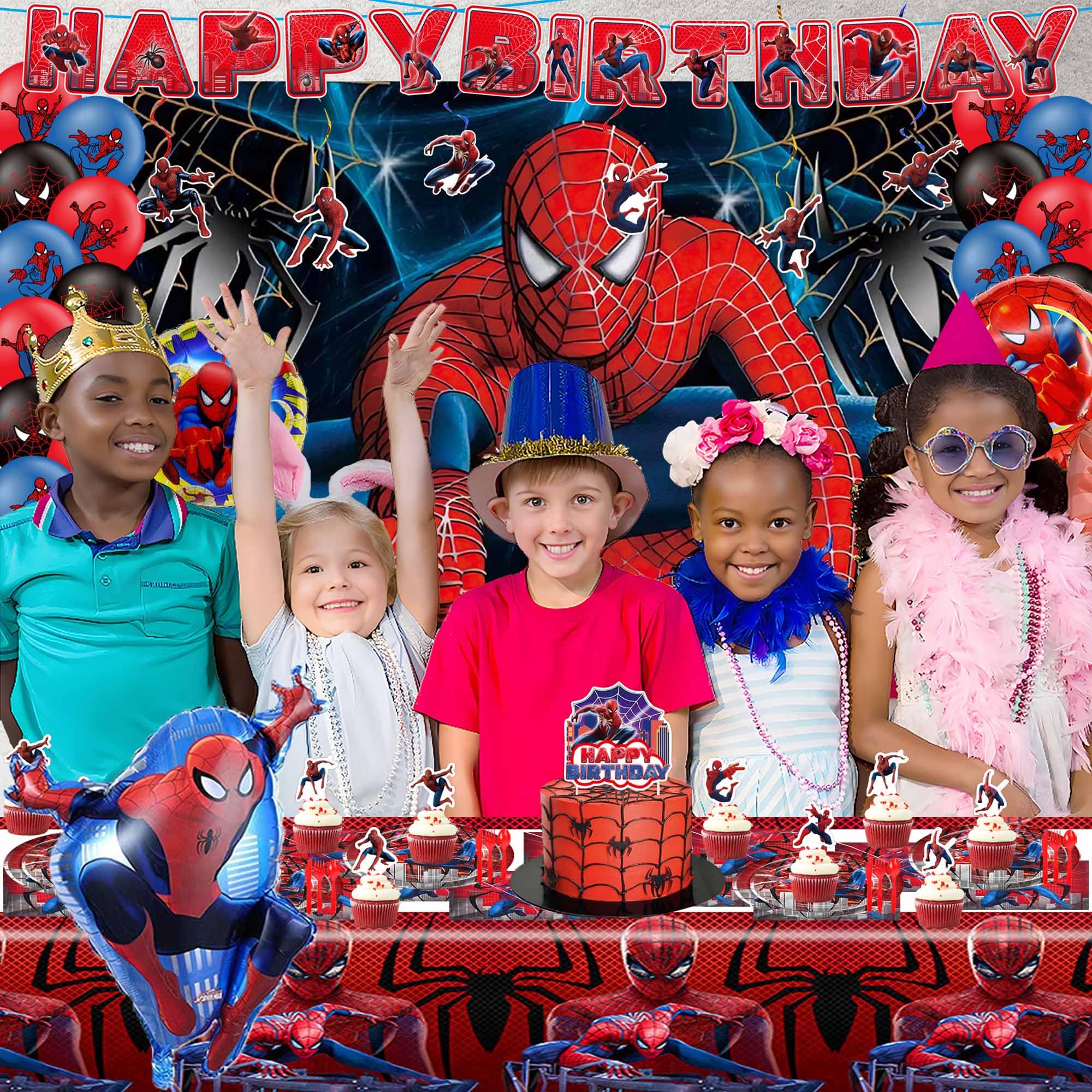Spider Themed Birthday Party Decorations Kit - Includes Tablecloth, Paper Plates, Banner, Balloons, Backdrop, Hanging Swirls & Cupcake Toppers for 10 Guests | Perfect for Halloween, Kids Birthday Parties & Spooky Themed Events