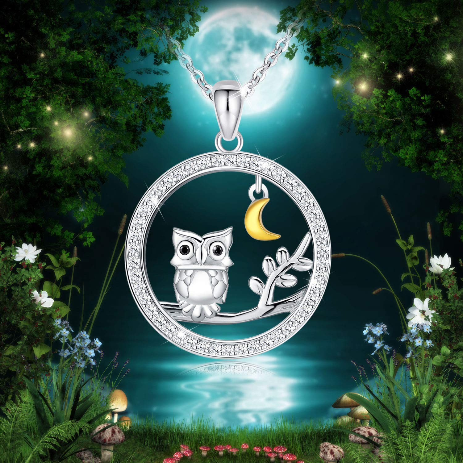 TANGPOET 925 Sterling Silver Owl Pendant Necklace for Women - Elegant Owl on Branch with Crescent Moon Charm, 18
