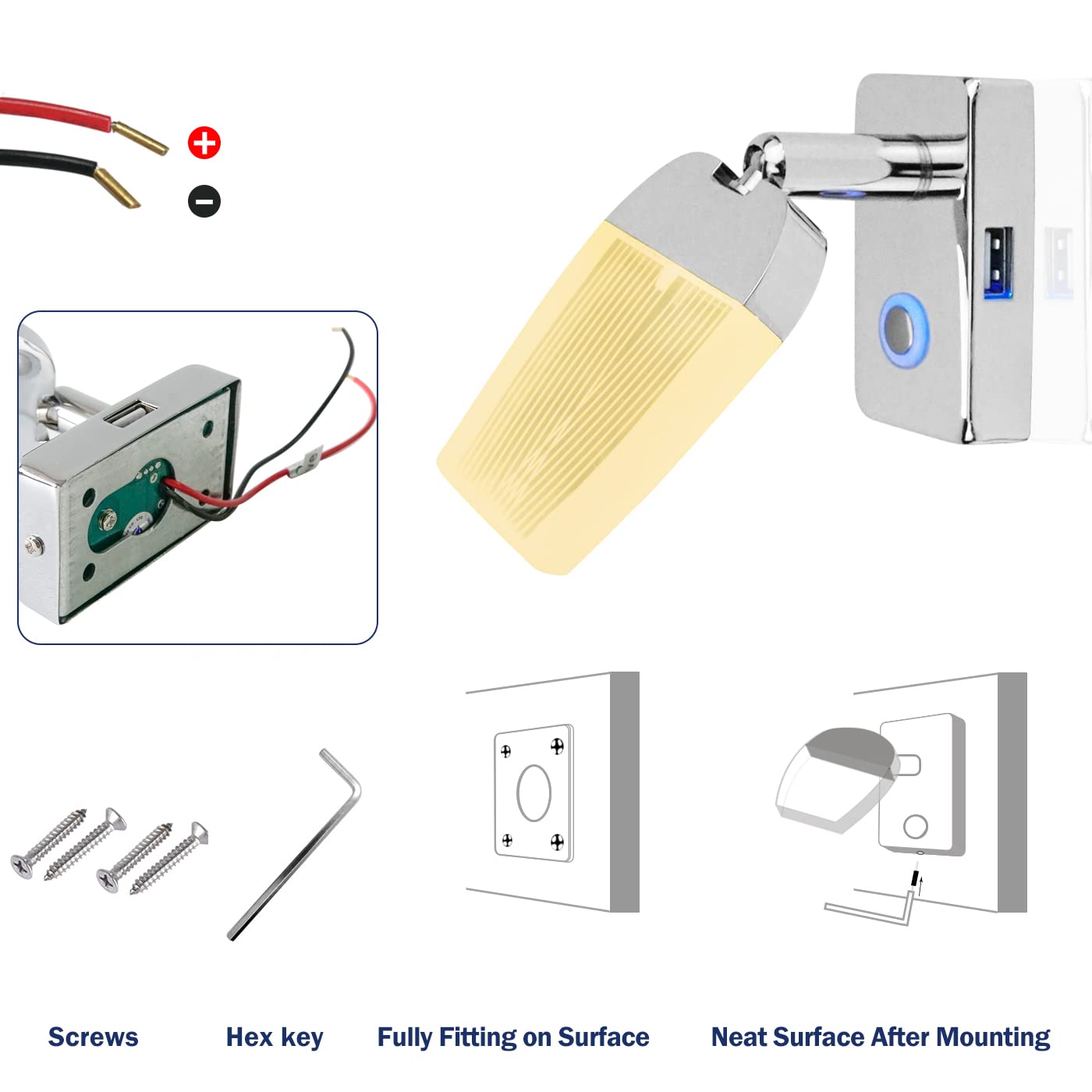 12V RV Reading Light with USB Charger - Warm White LED Touch Dimmer & Blue Night Light for Boats, Motorhomes, Camper Vans - Perfect for Bedside, Cabin & Interior Lighting