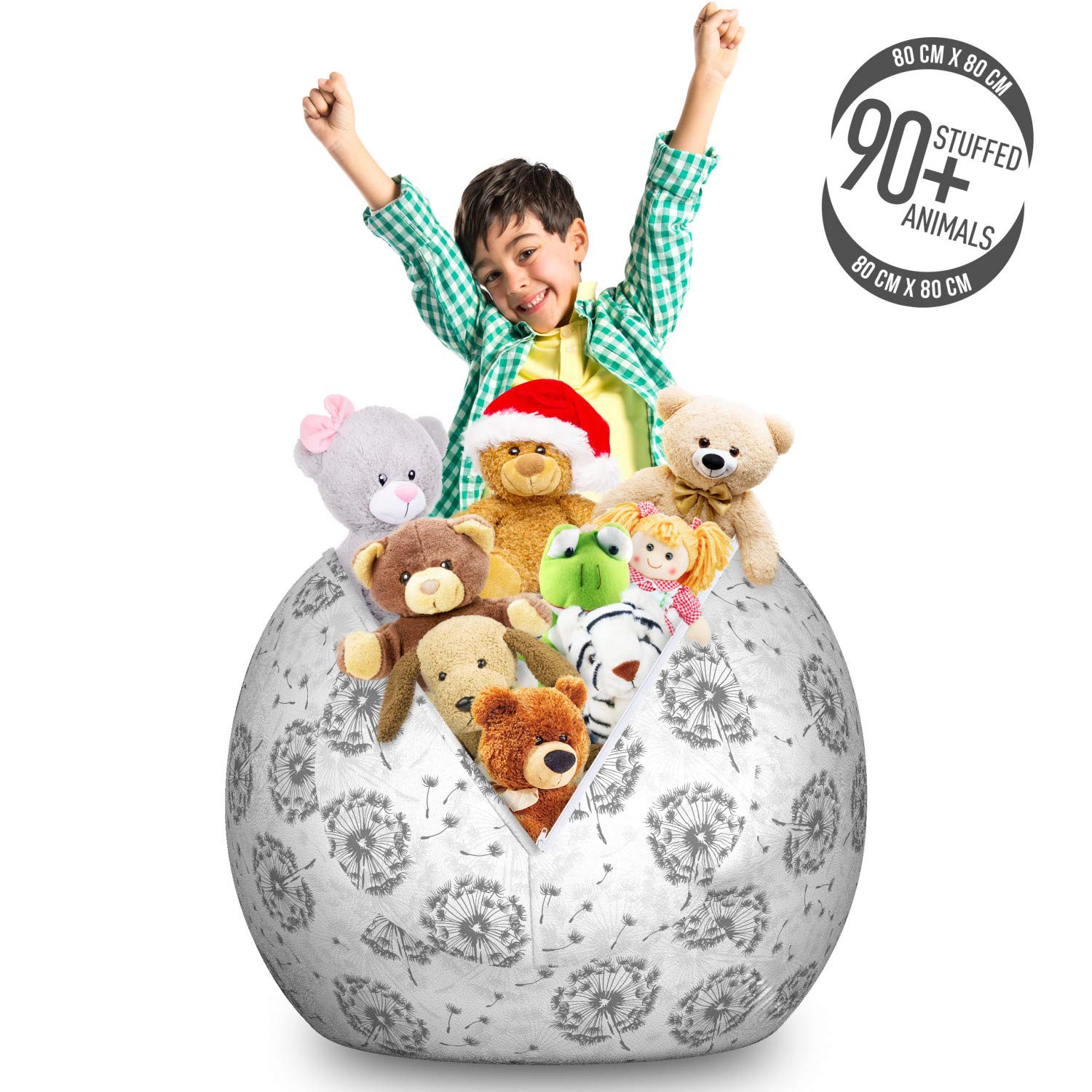 Ambesonne Large Washable Storage Bag Chair - Grey Dandelion Pattern Stuffed Animal Organizer | Perfect for Kids' Room, Nursery, Playroom & Toy Storage (Dimgray Pearl & White)