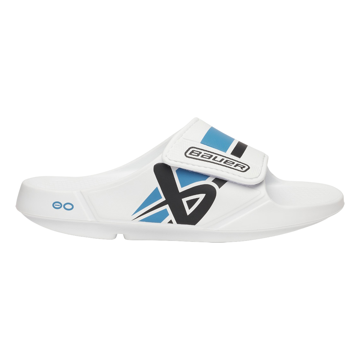 Bauer OOFOS Sport Flex Slide Senior Sandals - White/Blue - Comfortable Recovery Footwear for Athletes & Seniors - Perfect for Post-Workout, Walking & Everyday Wear