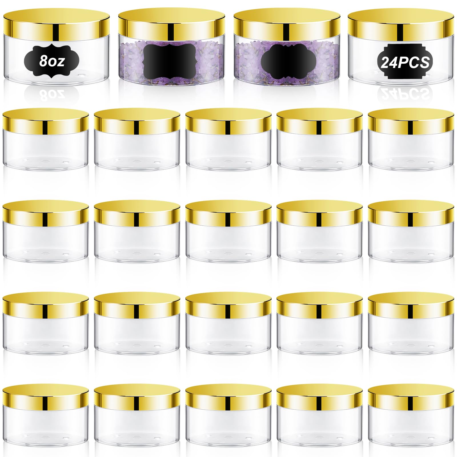 24-Pack 8 oz Clear Plastic Jars with Gold Lids - PET Leak-Proof Cosmetic Containers for Lotion, Cream, Gel & Powder - Refillable Travel Storage Jars with Labels - Perfect for DIY Beauty Products, Travel Toiletries & Home Organization