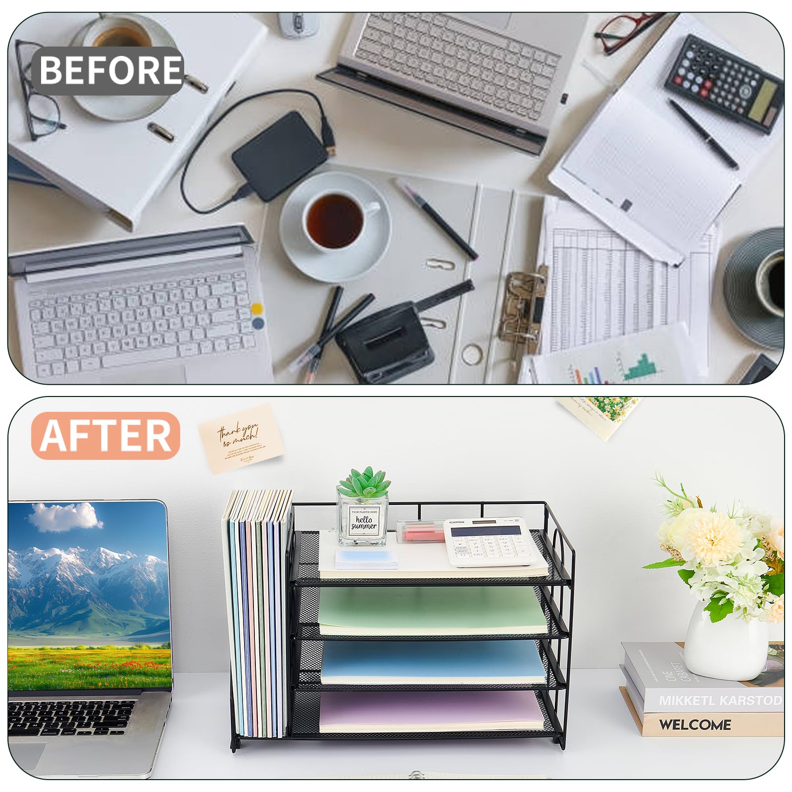 OPNCIE 4-Tier Paper Letter Tray File Organizer - Black Desk Organizer for Office, Classroom & Workspace | Perfect for Document Storage, Mail Sorting & Office Supplies Organization