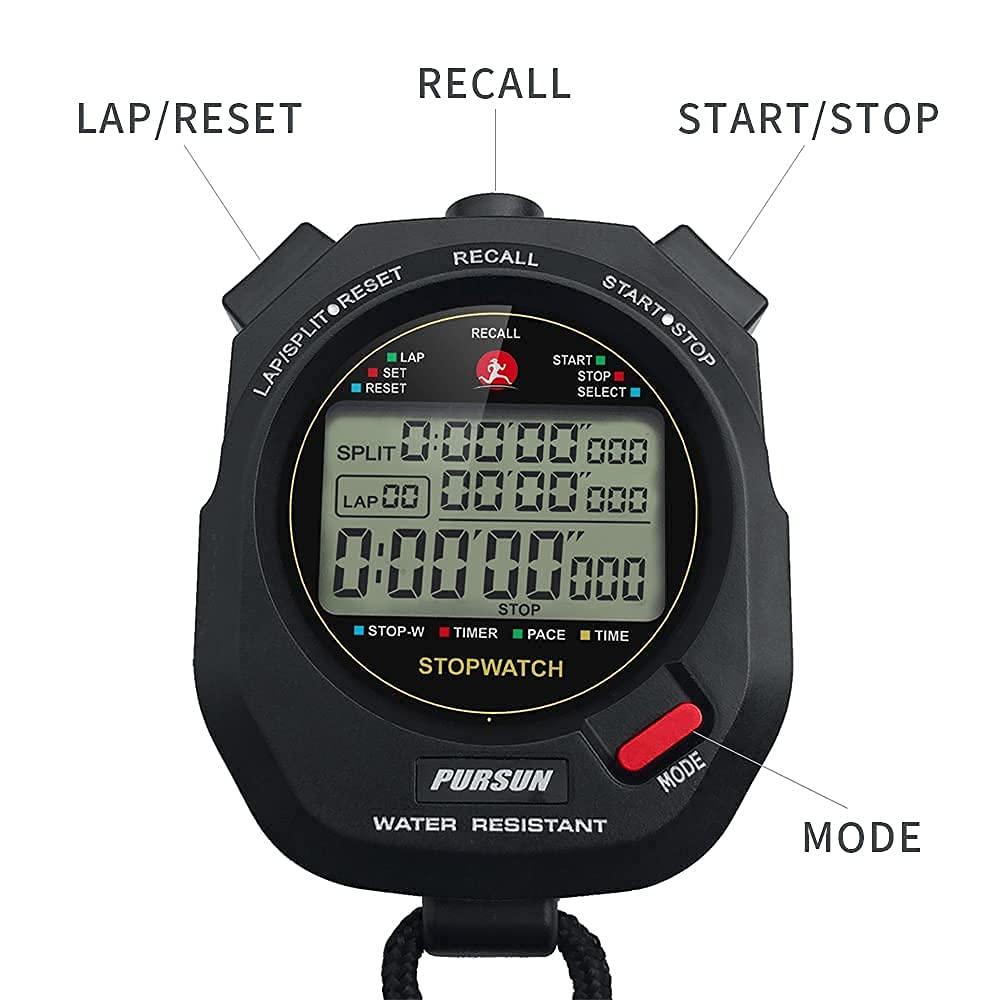 Professional Digital Sports Stopwatch Timer with 100 Lap Memory, Countdown Function & 0.001s Precision - Water Resistant for Track & Field, Swimming, Coaching & Fitness Training