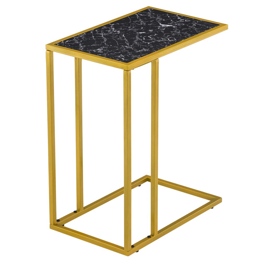 Gold Black Marble C-Shaped End Table with Charging Station - Modern Side Table for Sofa, Couch & Bedroom - Perfect for Laptops, Coffee & Living Room Decor