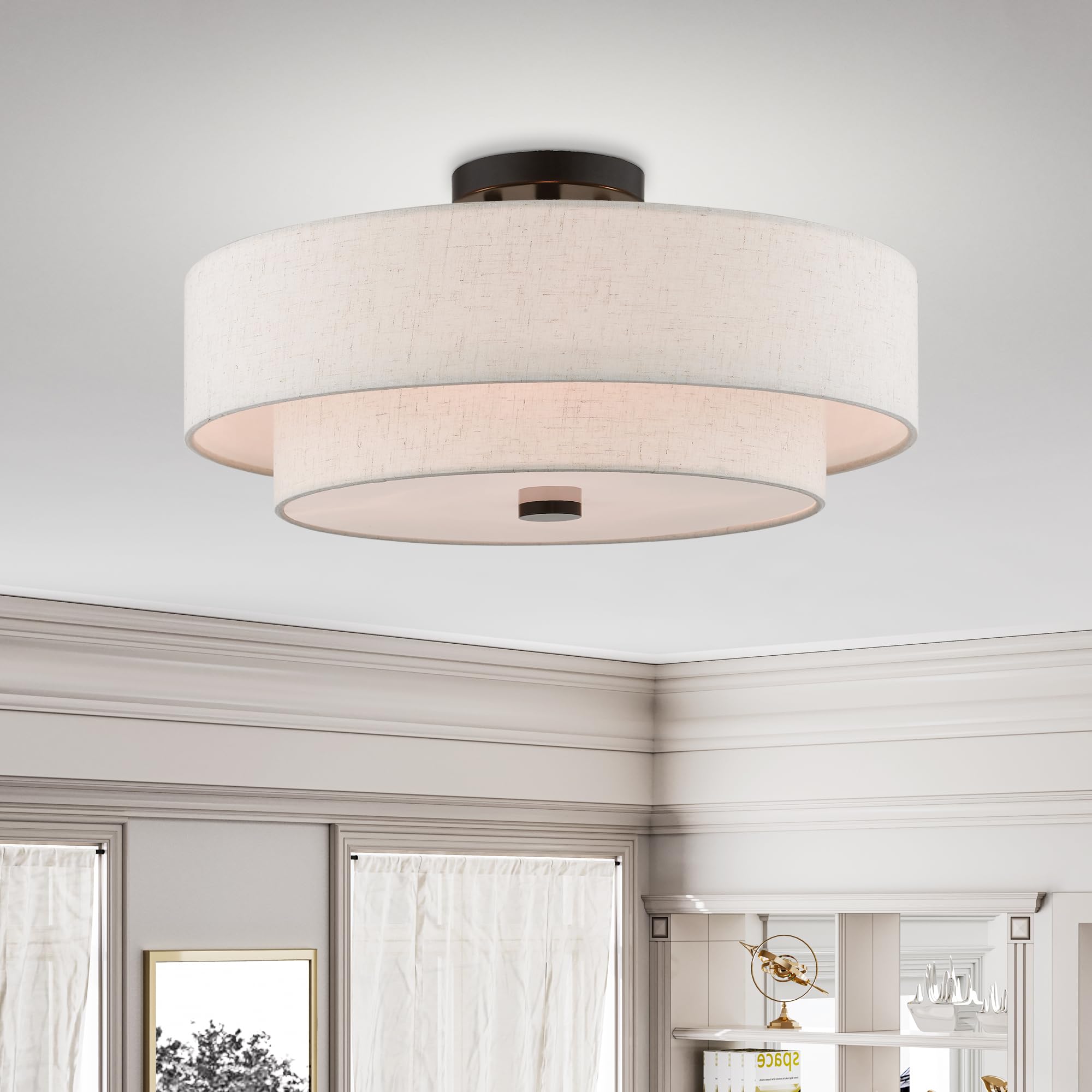Livex Lighting 51085-92 4-Light Semi Flush Mount Ceiling Fixture - Oatmeal Fabric Drum Shade & Satin White Diffuser in English Bronze | Perfect for Bedroom, Living Room & Dining Room Lighting