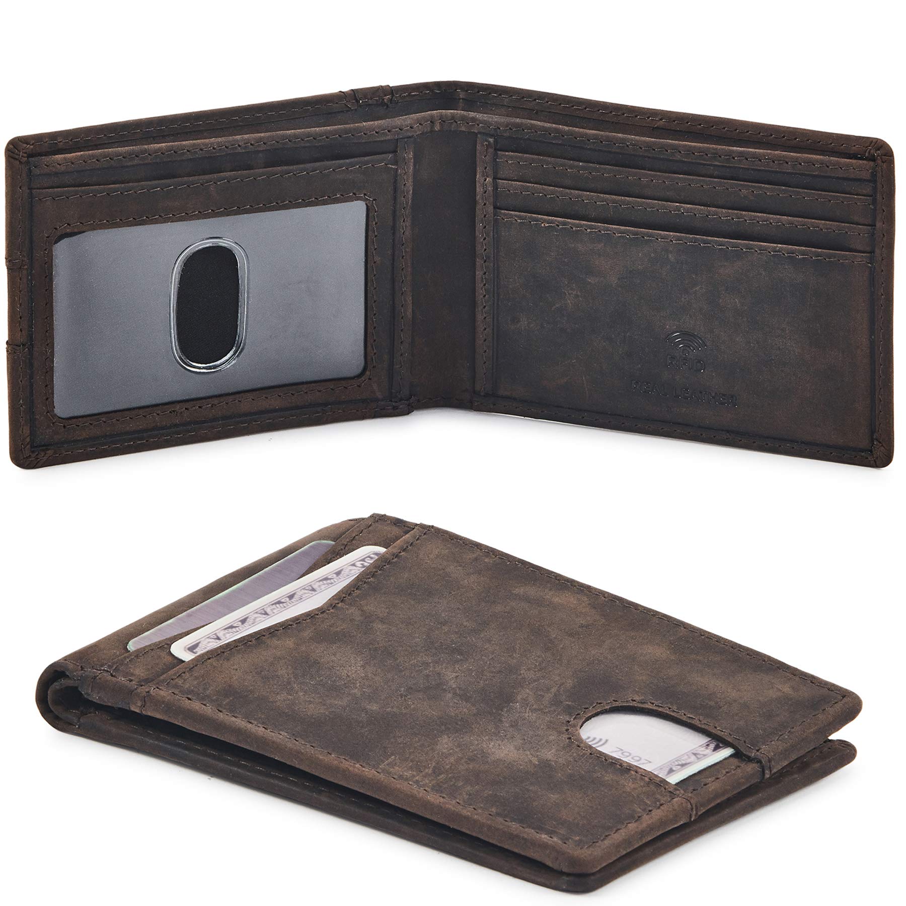 Men's Genuine Leather Bifold RFID Blocking Wallet - Slim Front Pocket Minimalist Design with ID Window - Gift Box Included (Crazy Horse, Coffee) - Perfect for Everyday Carry, Travel & Business Use