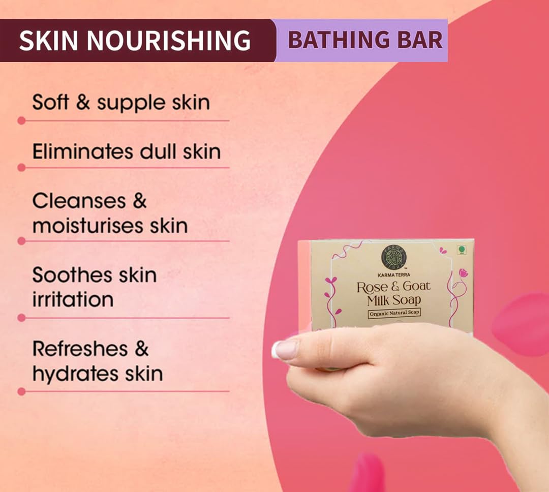 KARMA TERRA Goat Milk & Real Rose Petals Luxury Bath Soap - 100g Deeply Nourishing & Moisturizing for Soft Skin | Perfect for Spa Day, Gift Sets & Sensitive Skin Care