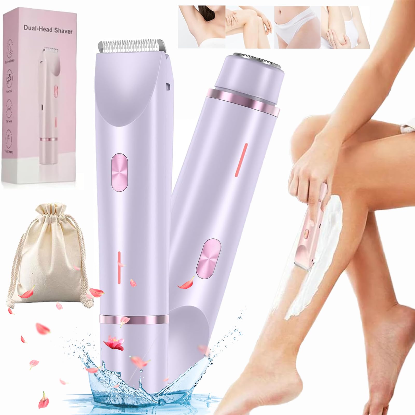 Ezme 2-in-1 Electric Razor for Women - Rechargeable Bikini Trimmer & Body Hair Shaver, Wet/Dry Use for Legs, Underarms, Arms - Painless Hair Removal for Smooth Skin (Purple) | Perfect for Travel, Gym & Home Use