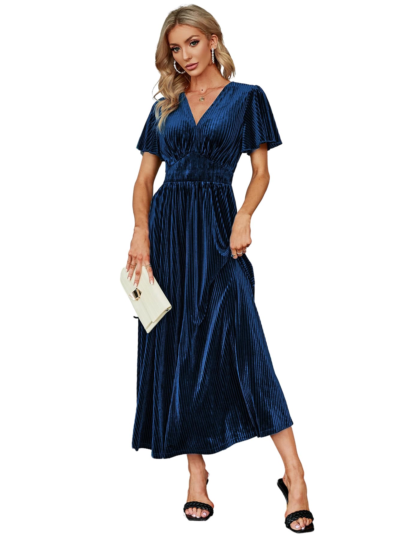 Simplee Women's V Neck Velvet Maxi Dress - Short Sleeve Empire Waist Formal Gown for Wedding Guest, Evening Party, Holiday Celebration & Special Occasions