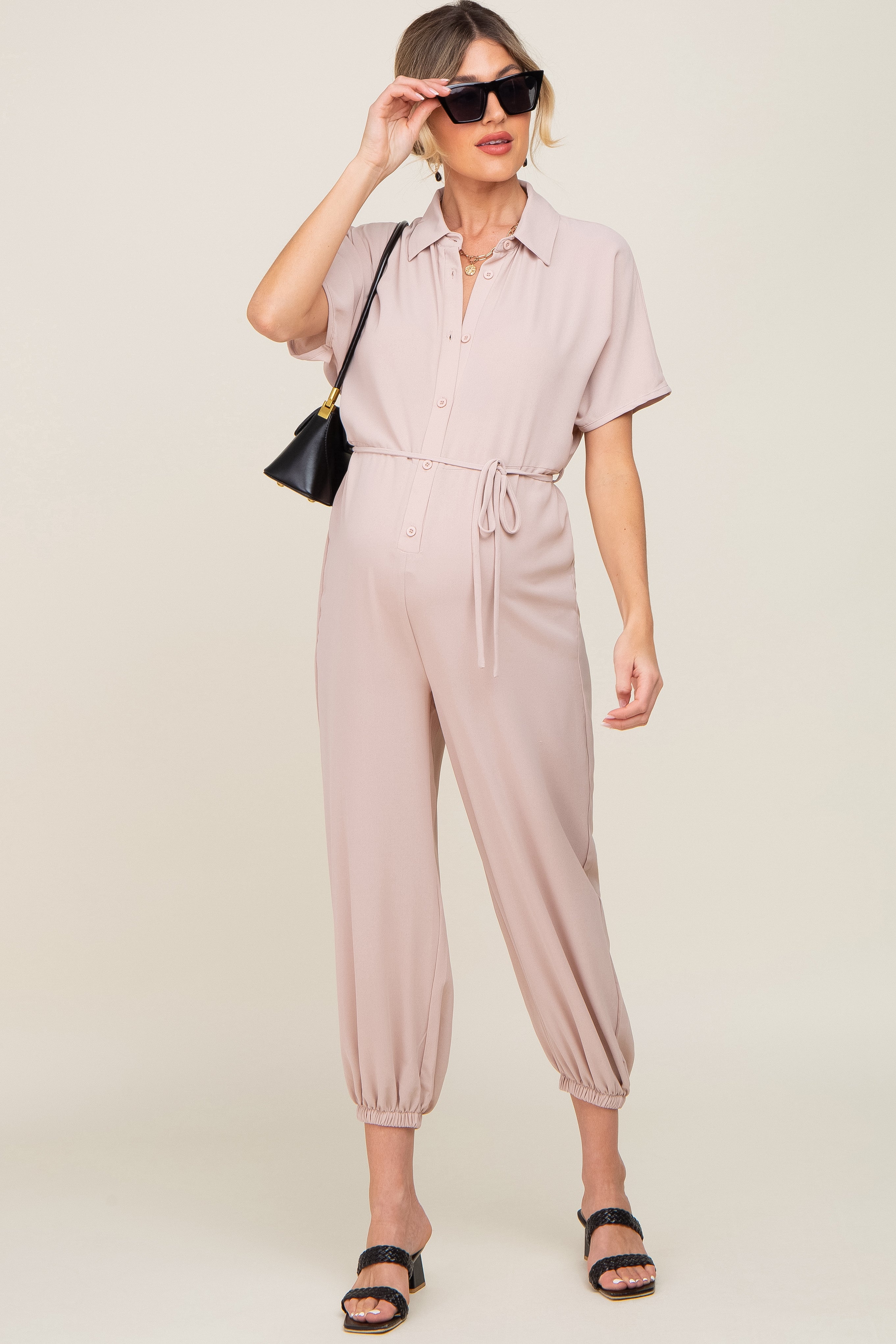 Beige Button Up Maternity Jumpsuit for Women - Comfortable Pregnancy Romper with Pockets - Perfect for Maternity Photos, Baby Showers & Everyday Wear