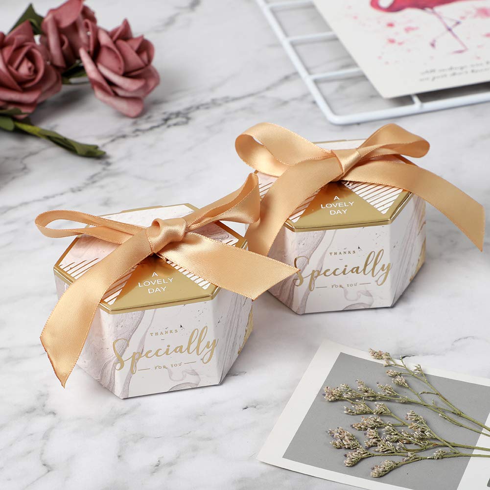 Hexagon Candy Boxes with Ribbon - 100PCS for Baby Shower, Wedding Favors & Gift Packaging (Silver)