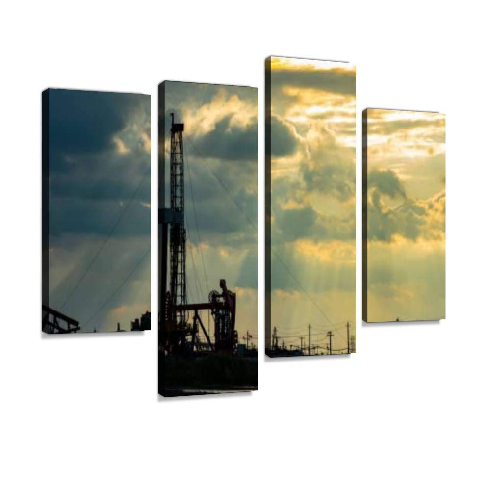 4 Panels Oilfield Derrick Canvas Paintings - Modern Oil Industry Wall Art & Framed Posters Ready to Hang - Home & Office Decor for Living Room, Bedroom, Man Cave