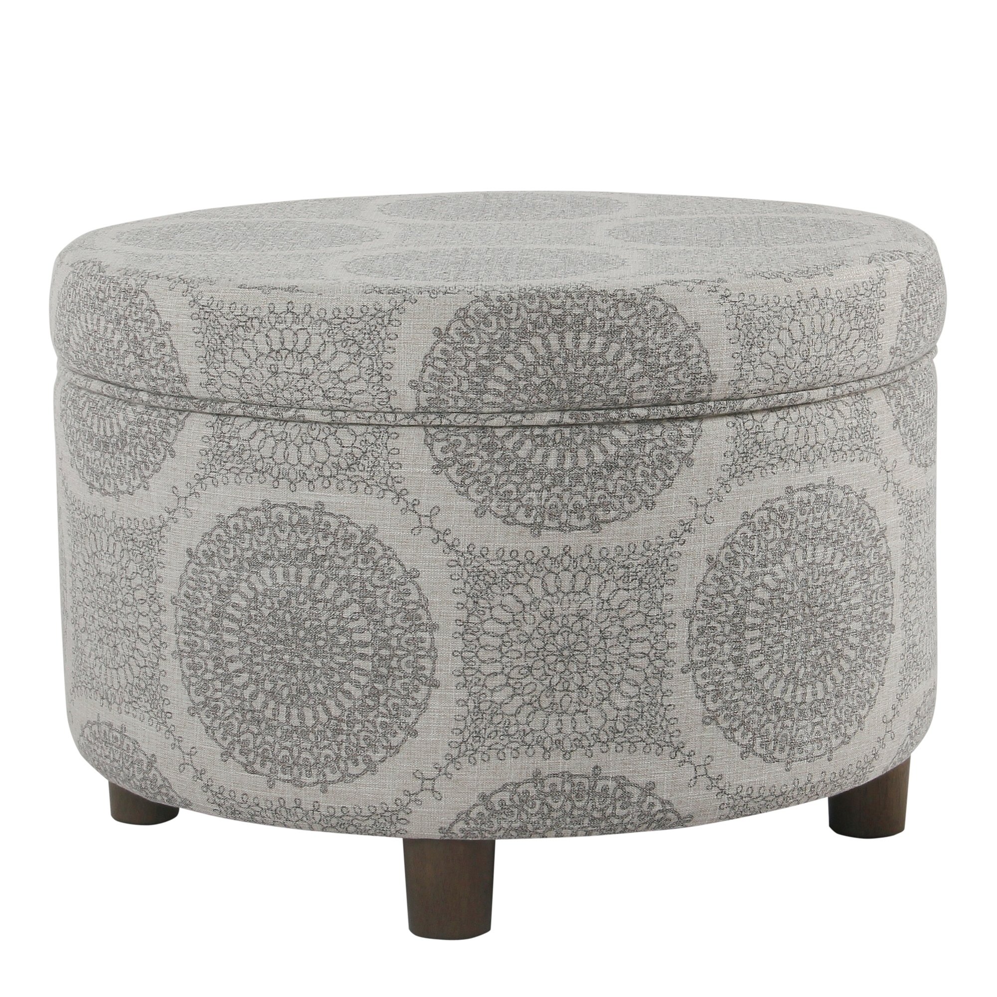 Homepop Round Storage Ottoman with Upholstered Fabric, Grey Medallion Design - 24