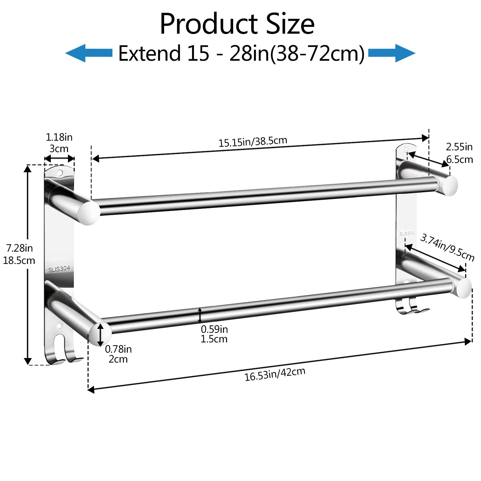 Garini Stretchable Towel Rack - SUS304 Stainless Steel Wall Mount Towel Holder with 2 Bars & Hooks for Bathroom & Kitchen - Silver (Perfect for Small Spaces & Modern Home Decor)