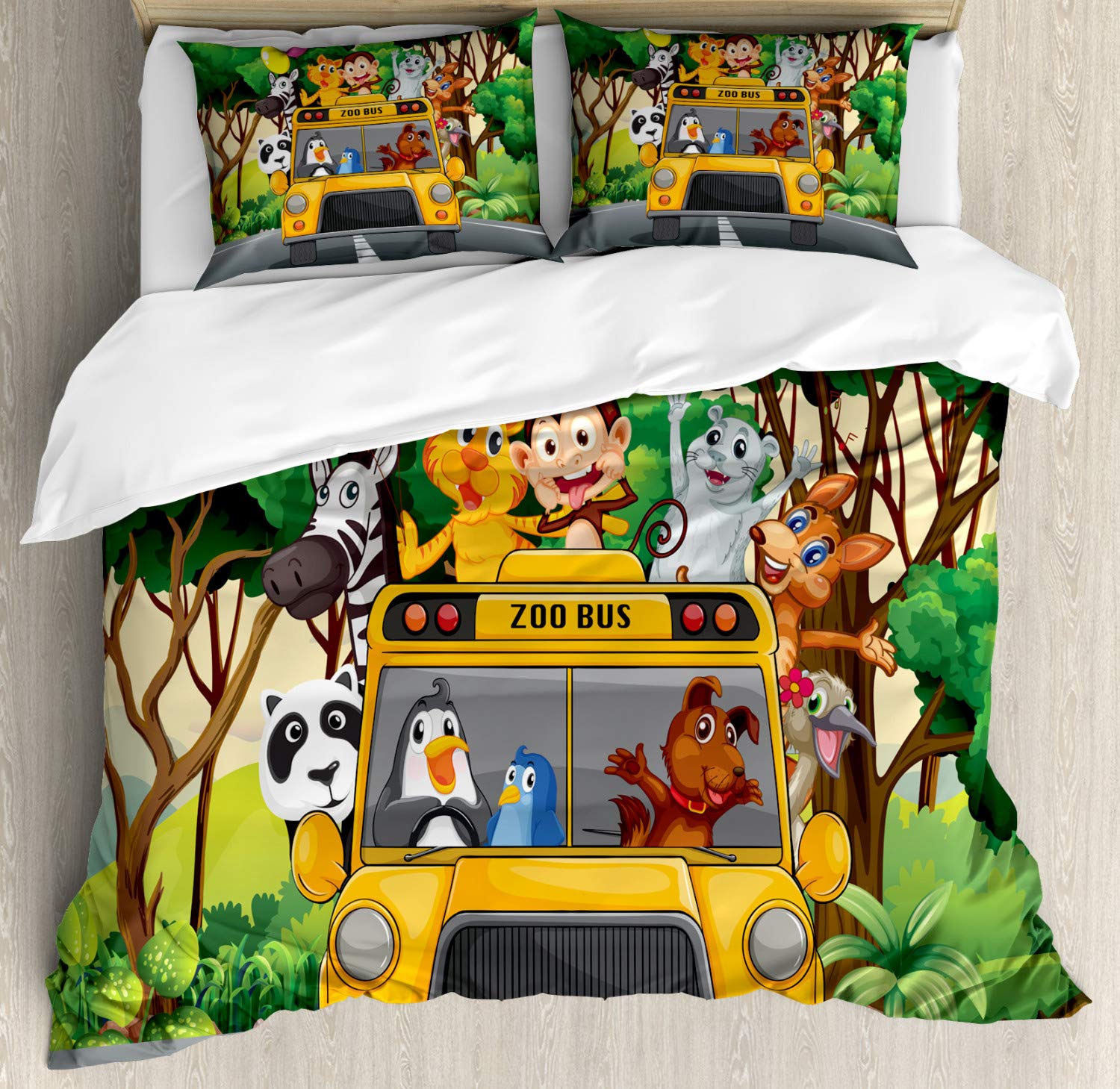 Ambesonne Zoo Duvet Cover Set - Animals Balloons Riding Bus Travel Road Journey Wilderness Scenery Print - 3 Piece Bedding Set with 2 Pillow Shams - California King Size - Multicolor - Perfect for Kids' Rooms, Jungle Themed Bedrooms & Wildlife Lovers