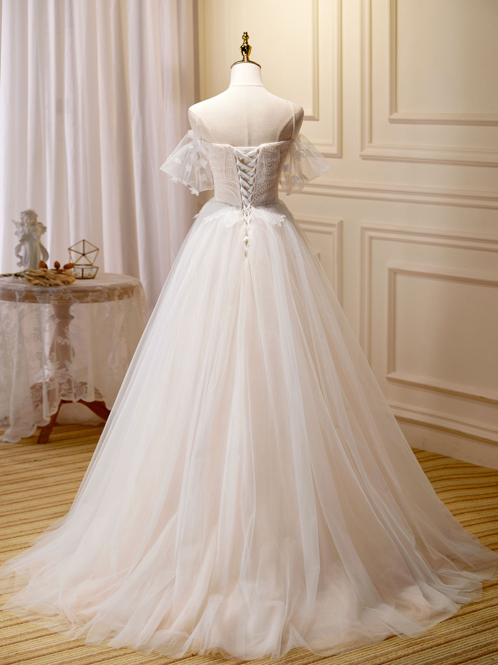 Elegant A-Line Champagne Long Prom Dress with Lace Detailing - Formal Evening Gown for Homecoming, Wedding, and Special Occasions
