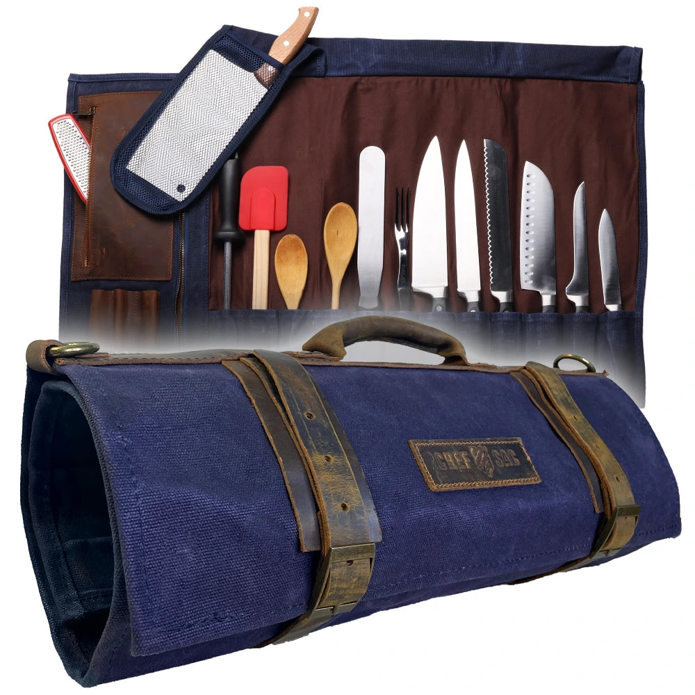 Premium Waxed Canvas & Leather Chef Knife Roll Bag - Professional Knife Storage for Chefs, Culinary Students & Cooking Enthusiasts - Perfect for Kitchen, Travel & Culinary School