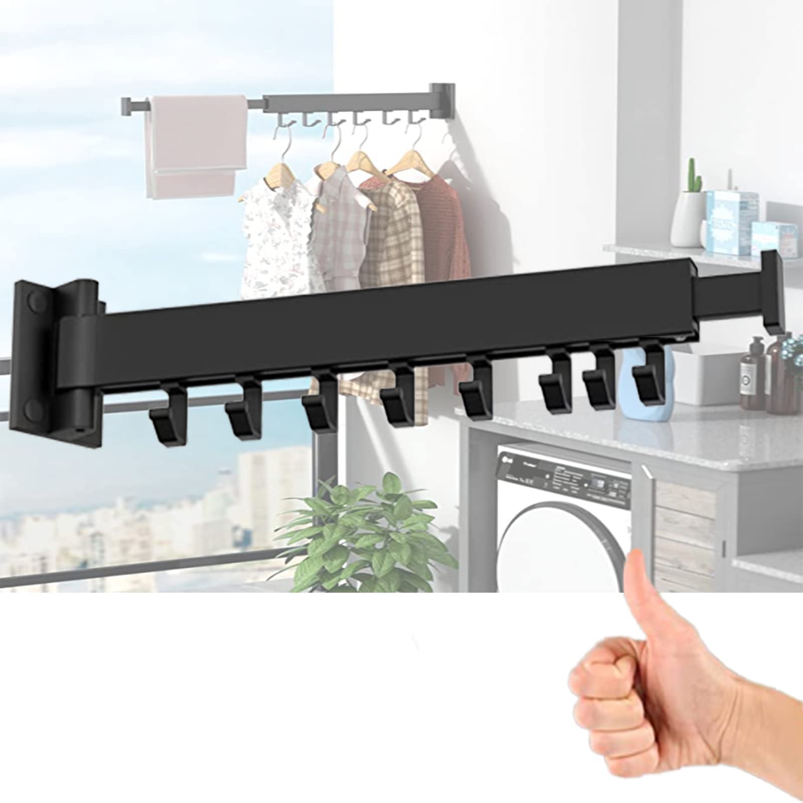 Space Saving Wall Mounted Folding Clothes Drying Rack with Hooks - Foldable Laundry Organizer for Balcony, Bathroom, Bedroom & Small Spaces - Perfect for Apartments, Dorms & Travel (Black, Extendable)