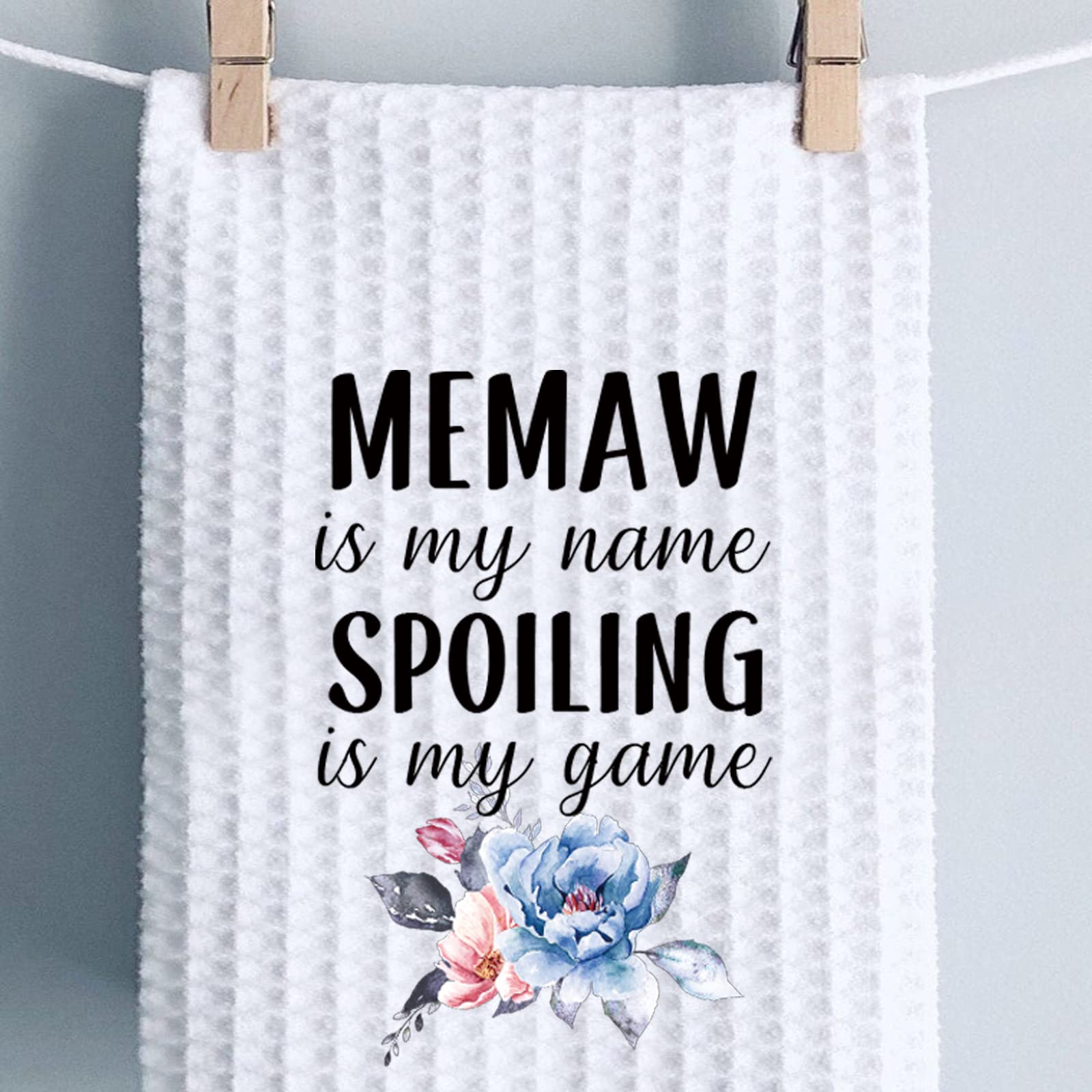 PWHAOO Grandma Memaw Kitchen Towel - Funny Memaw is My Name Spoiling is My Game Cotton Dish Towel - Cute Kitchen Decor for Grandmothers - Perfect for Gifts, Housewarming & Mother's Day