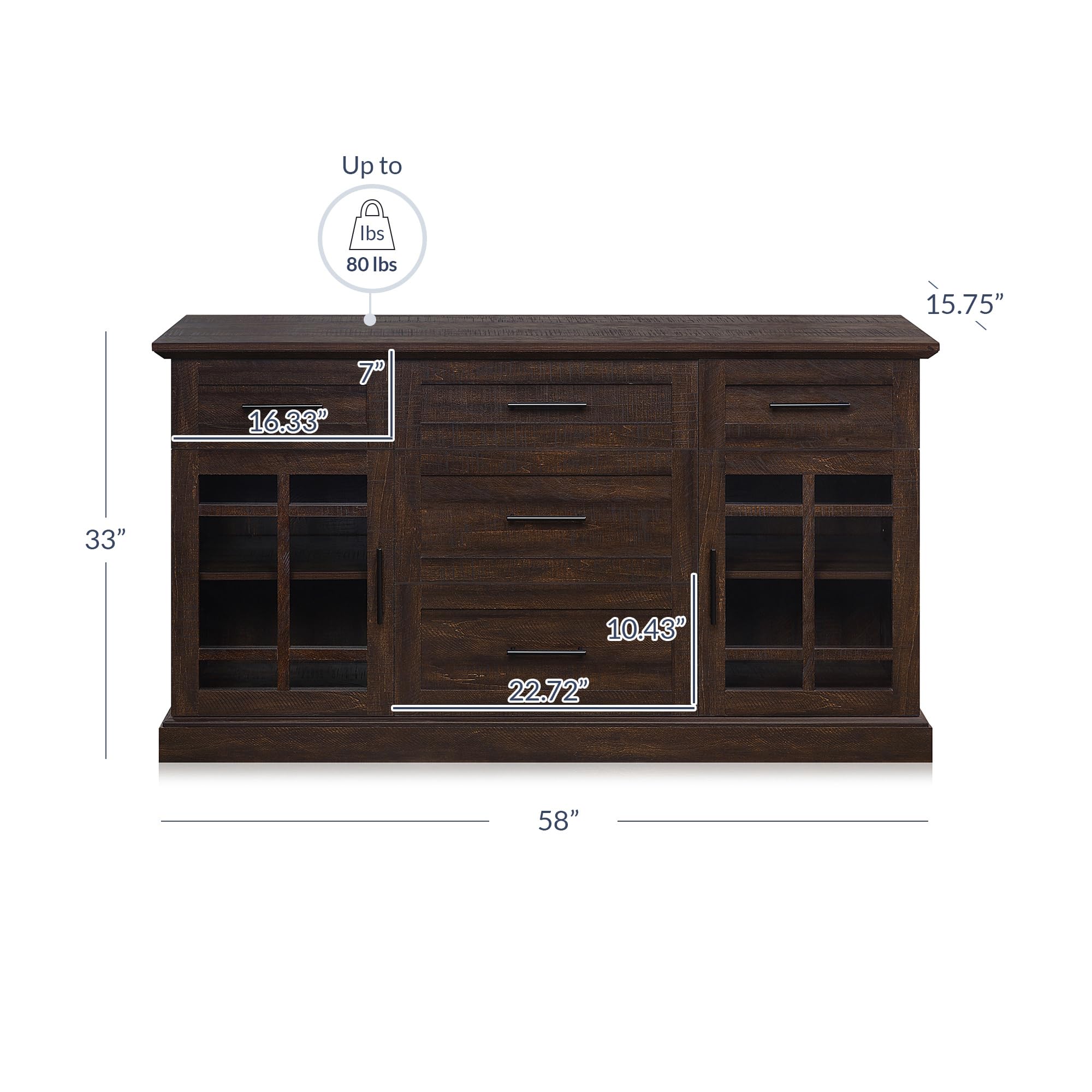 BELLEZE 58 Inch Sideboard Buffet Console Table with Drawers & Adjustable Shelves - Versatile Media Cabinet for Living Room, Dining Room or Entryway - Astorga Espresso Finish