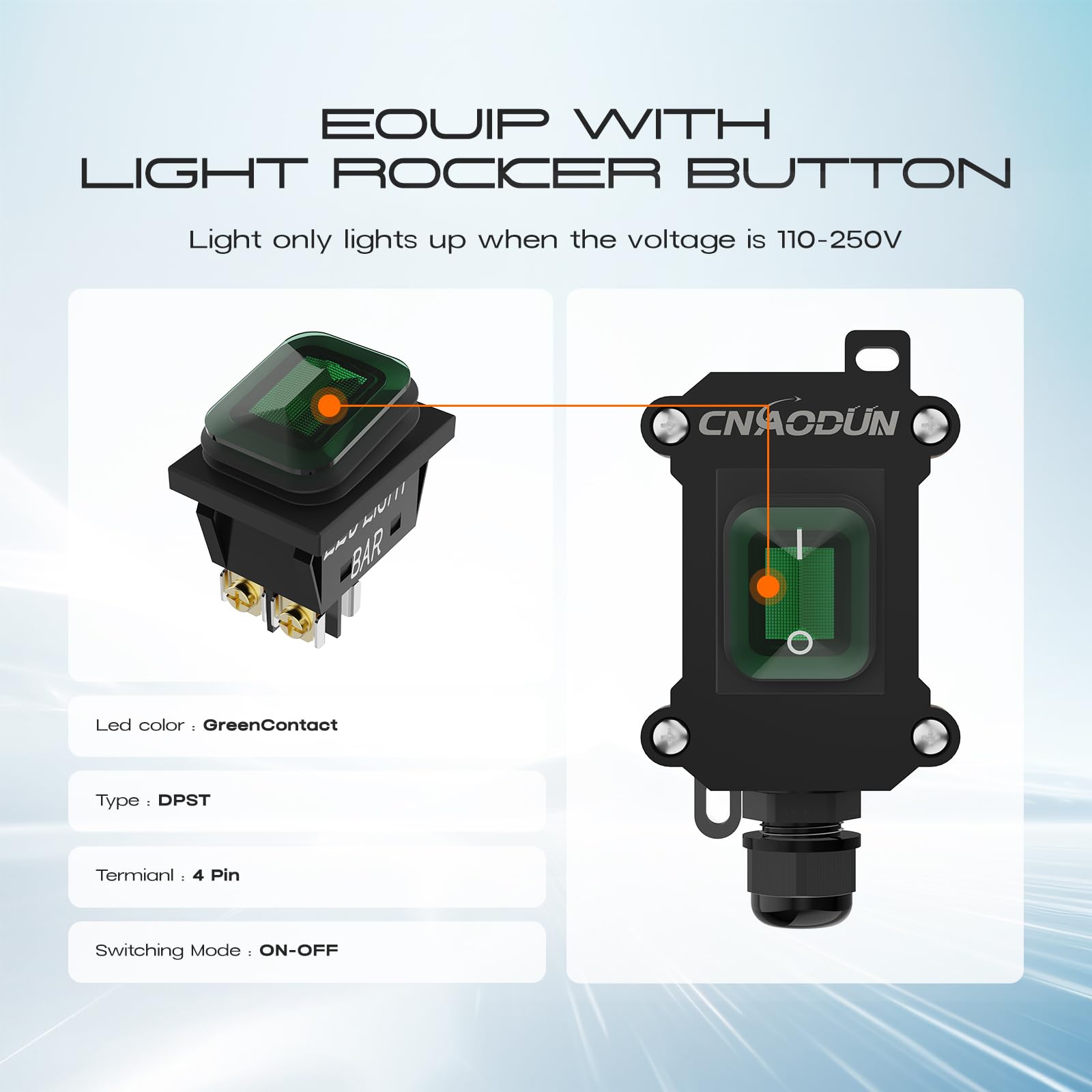 20A-125V 16A-250V AC Waterproof Rocker Switch with Green LED Light - DPST Toggle Power Switch for Outdoor Use - IP66 Rated for Marine, RV & Industrial Applications
