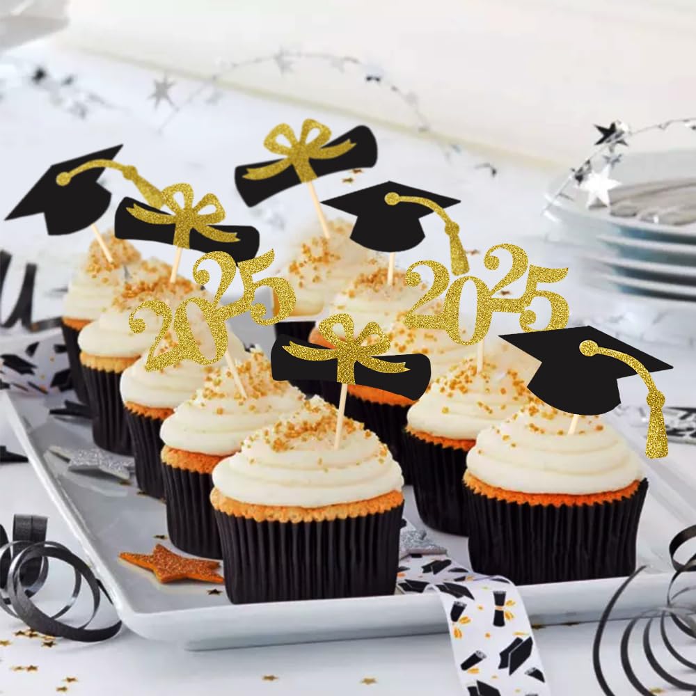 2025 Graduation Cupcake Toppers - Glittery Food Picks for Graduation Party Decorations | Perfect for Graduation Cakes, Desserts & Appetizer Displays