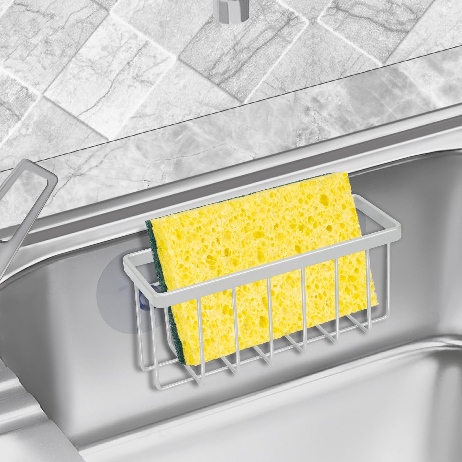 Stainless Steel Sponge Holder for Kitchen Sink - Durable Sink Caddy Organizer with Strong Suction Cups | Perfect for Dish Sponges, Scrubbers & Soap Bars - Keep Your Sink Area Clean & Tidy (Matte Silver)