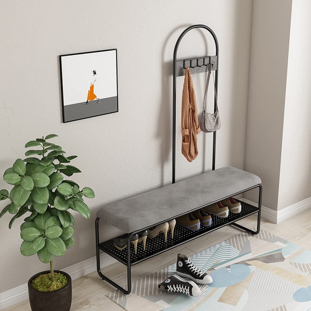 3-in-1 Entryway Coat Rack with Storage Bench - Hall Tree Organizer with Shelf, Hooks & Upholstered Seat for Living Room, Bedroom & Hallway - Easy Assembly Metal Frame (Black & Grey, 120x32x175cm) - Perfect for Small Spaces & Home Organization