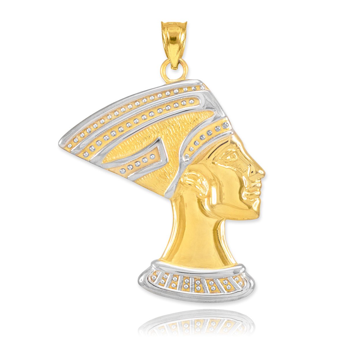 10K Two-Tone Gold Egyptian Queen Nefertiti Charm Pendant Necklace - High Polish Sideways Cross Design, 20