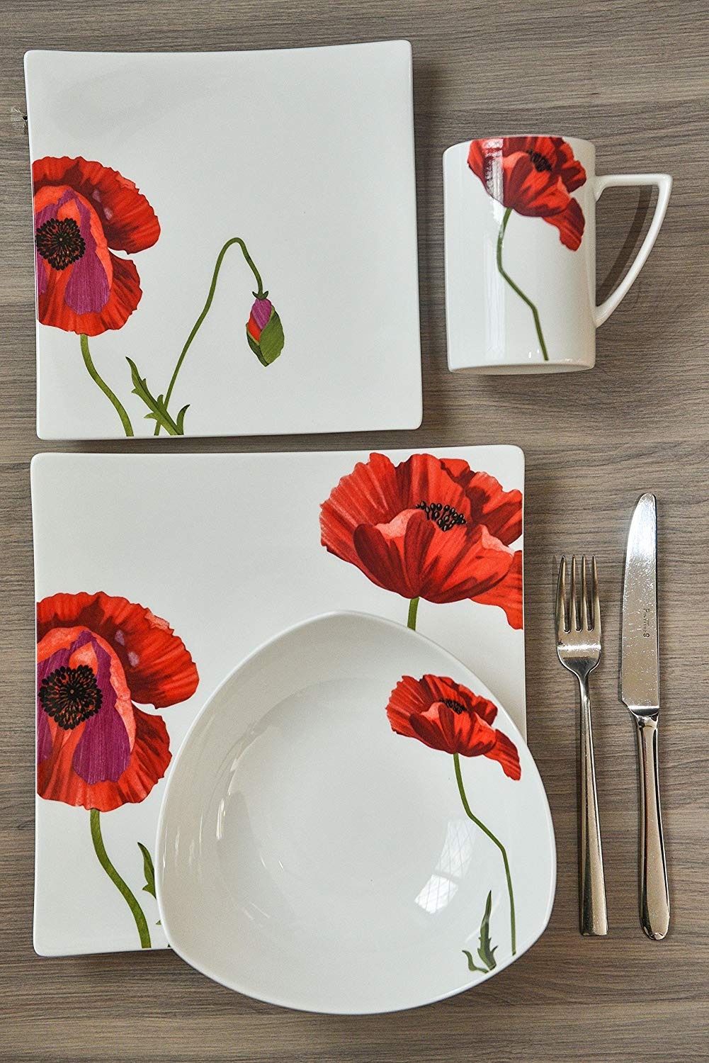 Red Vanilla Summer Sun 16-Piece Dinnerware Set - Porcelain Dinner Plates, Bowls & Cups - Elegant White Tableware for Casual Dining, Family Gatherings & Outdoor Picnics