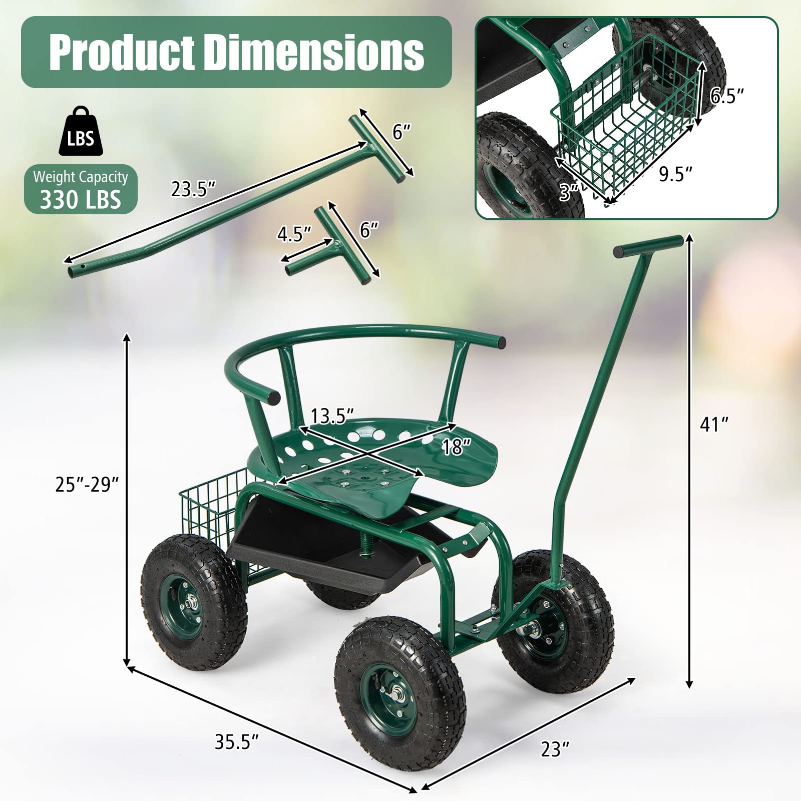 Goplus Rolling Garden Seat with Wheels - 360° Swivel Outdoor Gardening Cart with Tool Storage & 2 Steering Handles - Foldable Gardening Stool Wagon Scooter for Lawn, Patio & Yard Work - Perfect for Seniors & Elderly Gardeners (Ideal for Planting, Weeding & Landscaping)