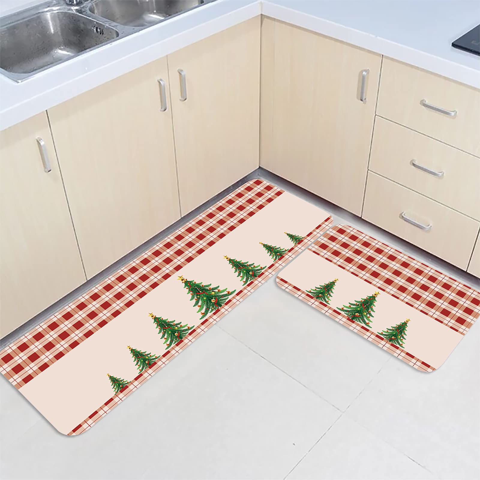Christmas Green Tree Red Buffalo Plaid Non-Slip Kitchen Mats Set of 2 - Absorbent Doormats, Floor Runner Rugs for Comfortable Standing - Perfect for Bathroom, Living Room, Entryway & Holiday Decor