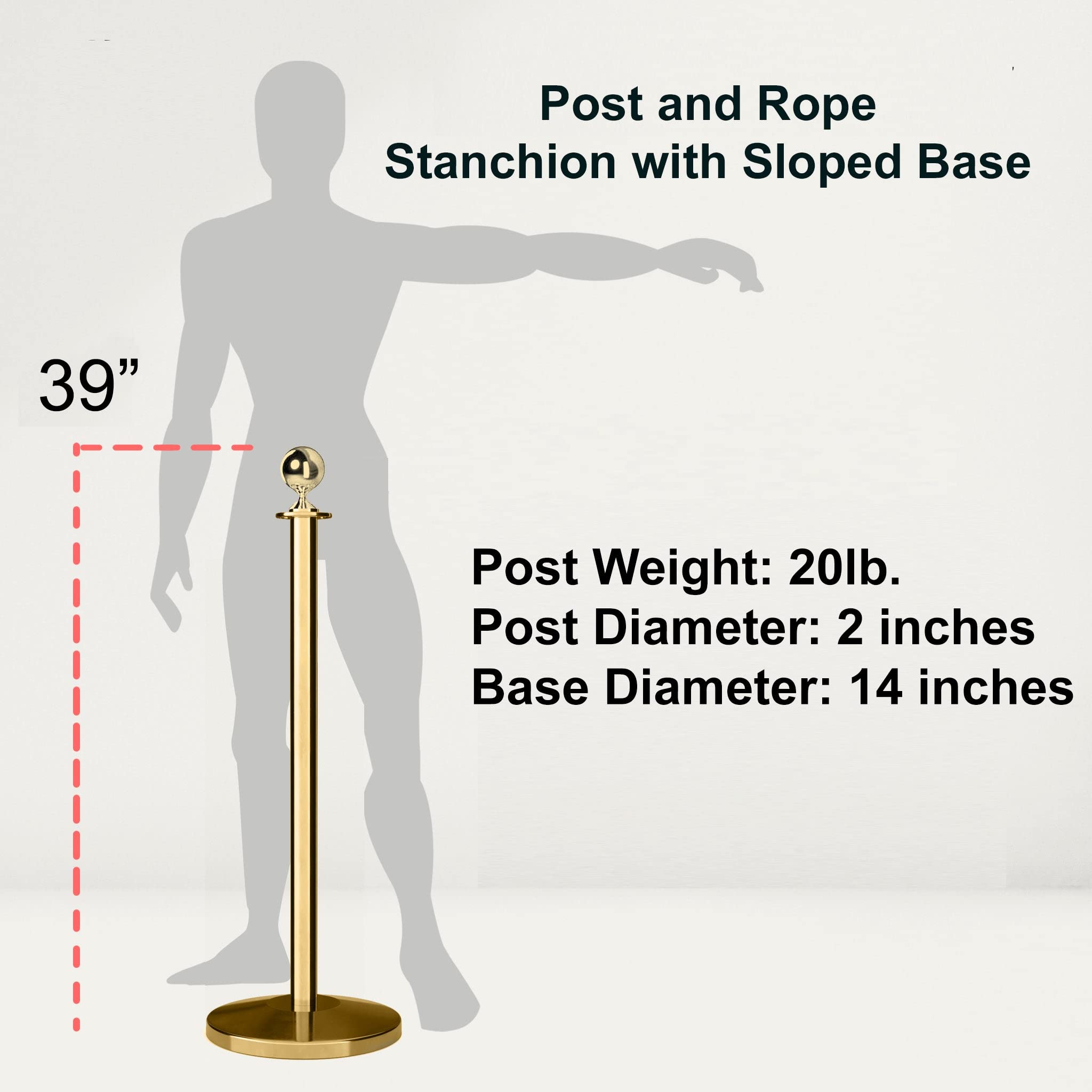 Cline Post and Rope Stanchion with Sloped Base - Satin Brass Finish & Ball Top Design for Crowd Control, Event Roping, and VIP Section Barriers