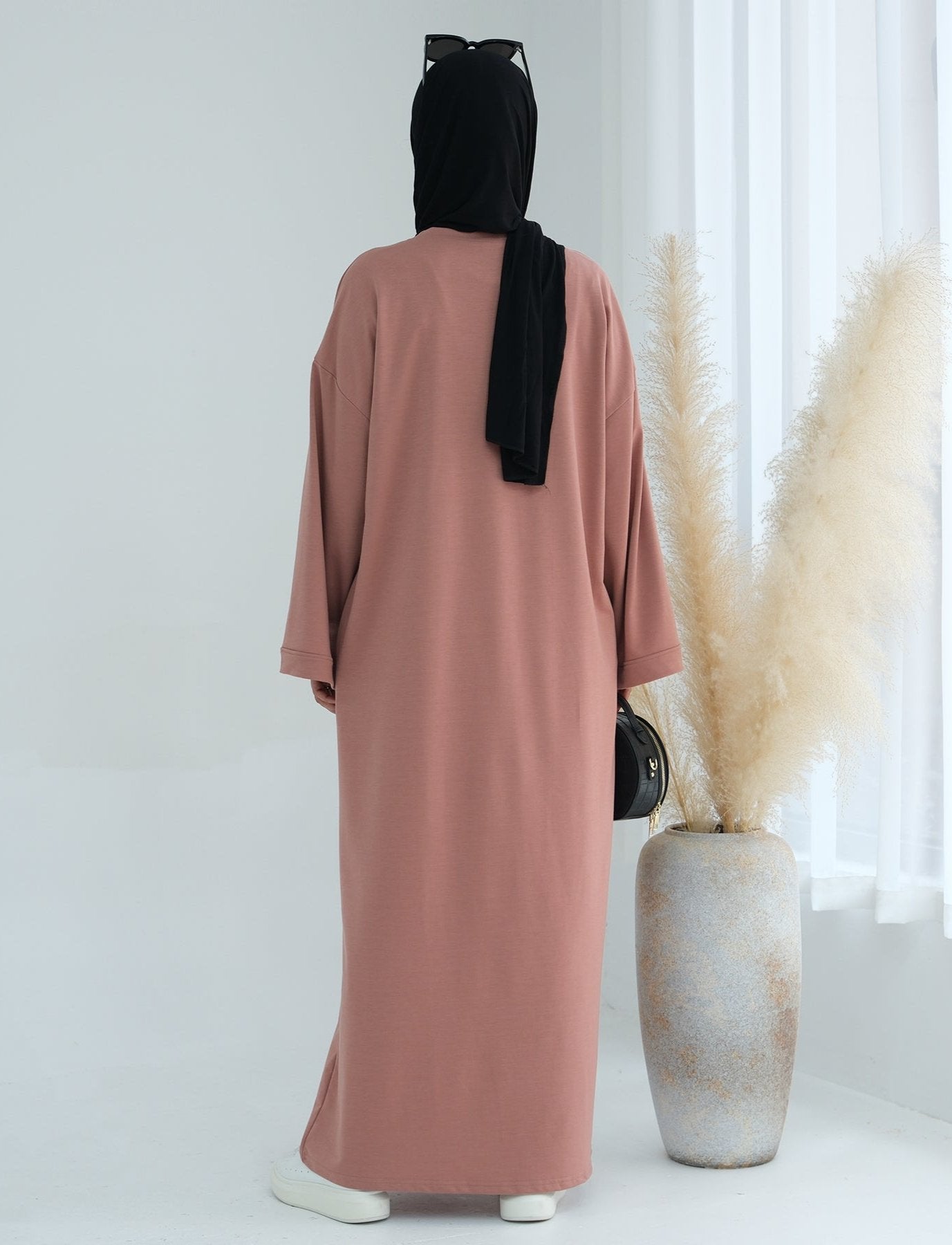 Ava Knit Maxi Dress for Women - Flowy Long Sleeve Elegant Midi Dress in Salmon Pink | Perfect for Weddings, Parties & Casual Outings