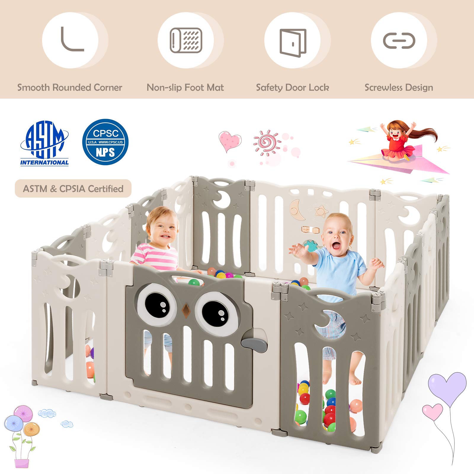 Costzon 14-Panel Foldable Baby Playpen with Locking Door - Non-Slip Rubber Bases & Pads for Safety - Indoor/Outdoor Adjustable Play Yard for Toddlers & Infants (Beige) - Perfect for Home, Nursery, Daycare & Backyard Use