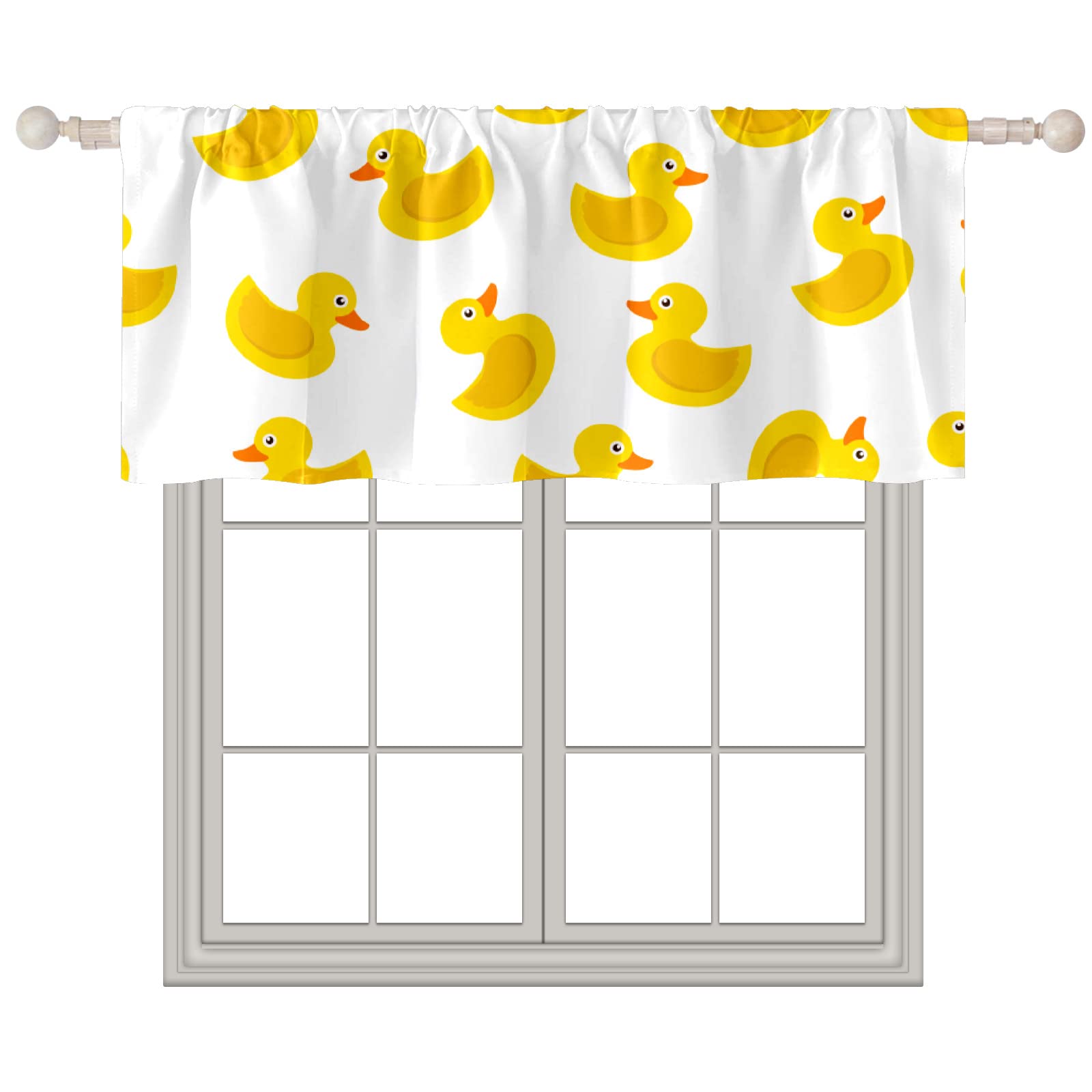 14x52 Inch Yellow Rubber Duck on White Background Rod Pocket Valance - Short Window Treatments for Living Room, Bedroom & Kitchen - Perfect for Farmhouse, Nursery & Bathroom Decor