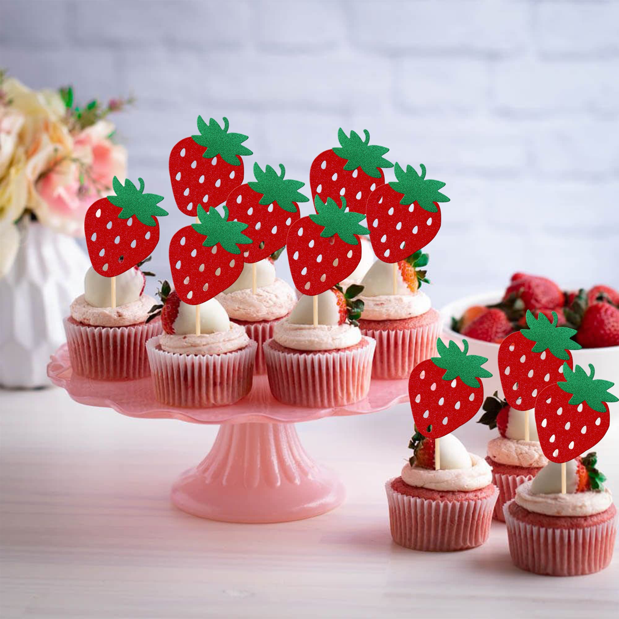 24 PCS Red Glitter Strawberry Cupcake Toppers - Fruit Theme Cake Decorations for Baby Showers, Kids Birthday Parties, Summer Desserts & Sweet Treats - Berry Picks for Baking, DIY Cake Decorating & Party Supplies